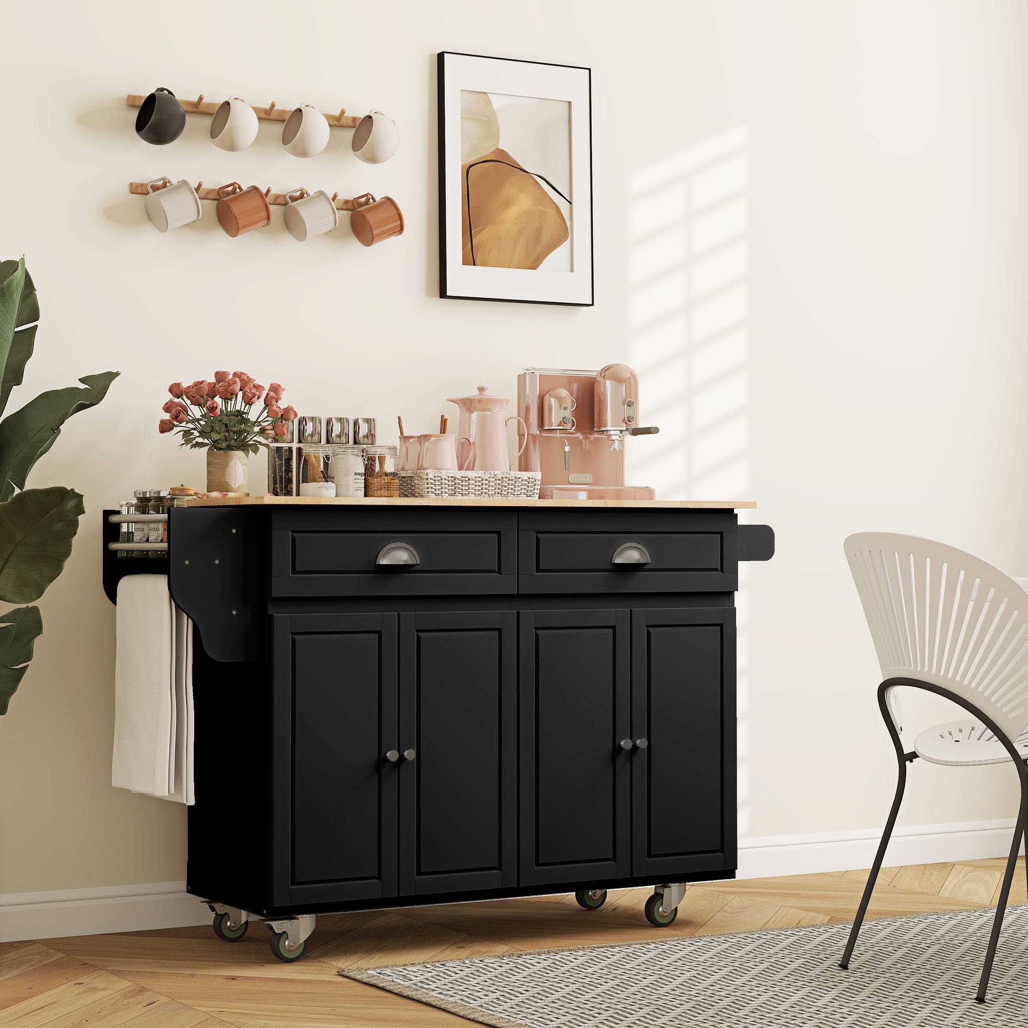 Alt View 8. Homcom - Rolling Kitchen Island Cart with Drop Leaf, Wood Top, 2 Drawers & 2 Storage Cabinets, Island Table (Kitchen/Dining Room) - black.