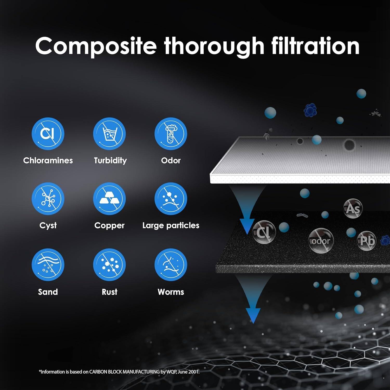 Composite thorough filtration

Chloramines
Turbidity
Odor
Cyst
Copper
Large particles
Sand
Rust
Worms

"Information is based on CARBON BLOCK MANUFACTURING by WQP, June 2001.