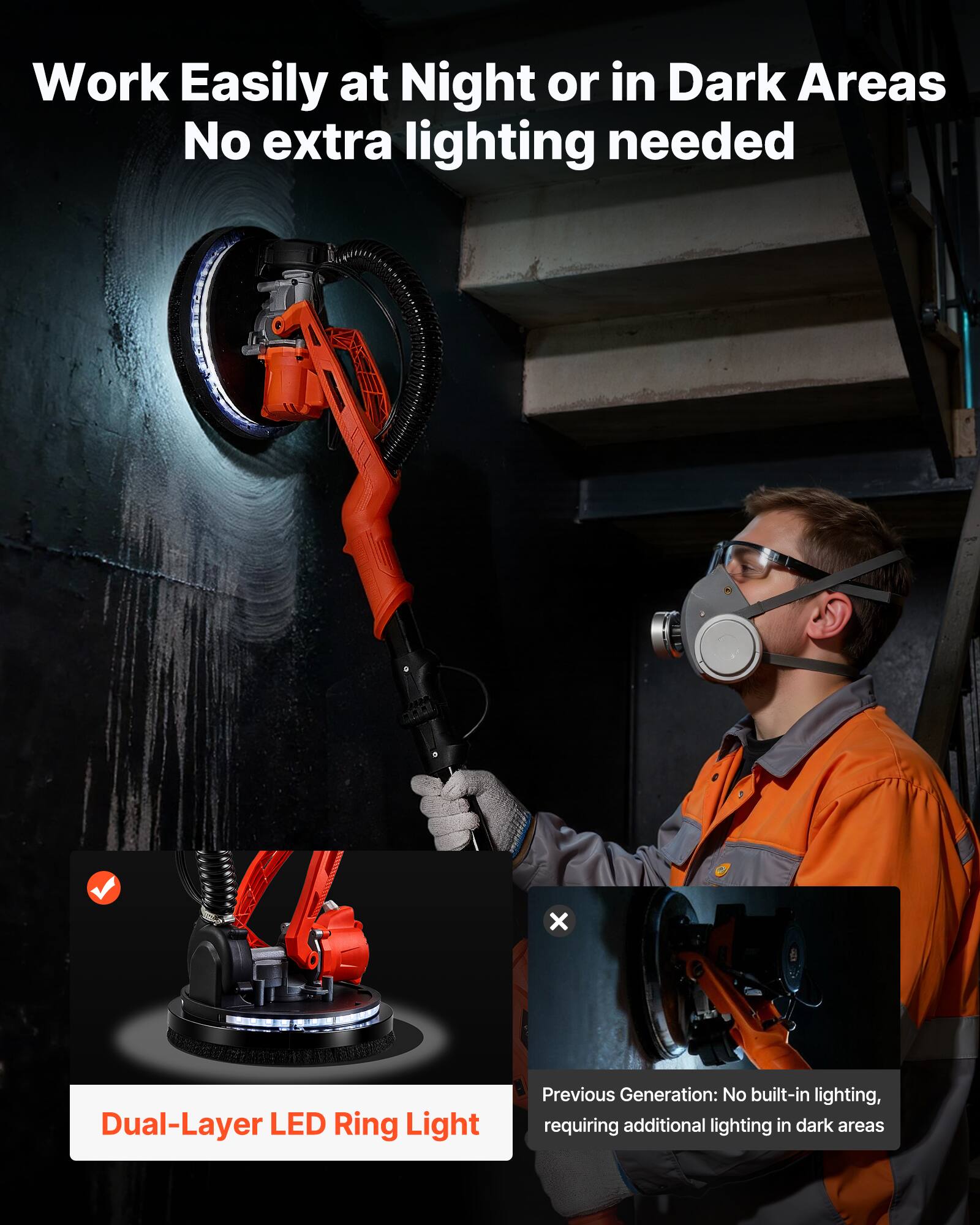 Work Easily at Night or in Dark Areas  
No extra lighting needed

Dual-Layer LED Ring Light

Previous Generation: No built-in lighting, requiring additional lighting in dark areas