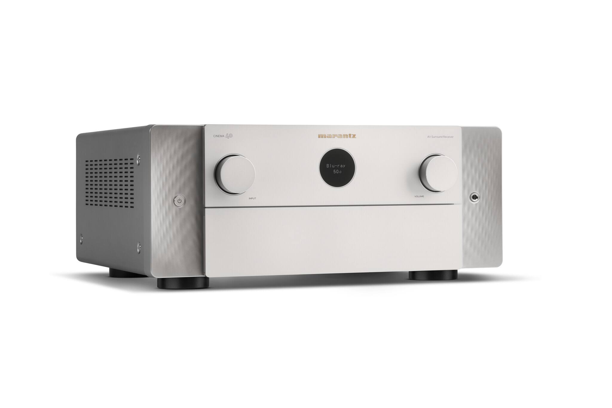 Left. Marantz - Cinema 40 125W 9.4 Ch Bluetooth Capable with HEOS and Dolby Atmos 8K Ultra HD A/V Home Theater Receiver with Alexa - Silver Gold.