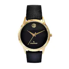 Front. Peugeot - Men's 40mm Wafer Slim Round Gold-Plated Case Watch - Black.