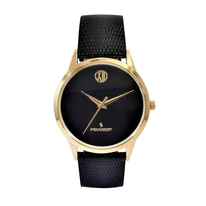 Front. Peugeot - Men's 40mm Wafer Slim Round Gold-Plated Case Watch - Black.
