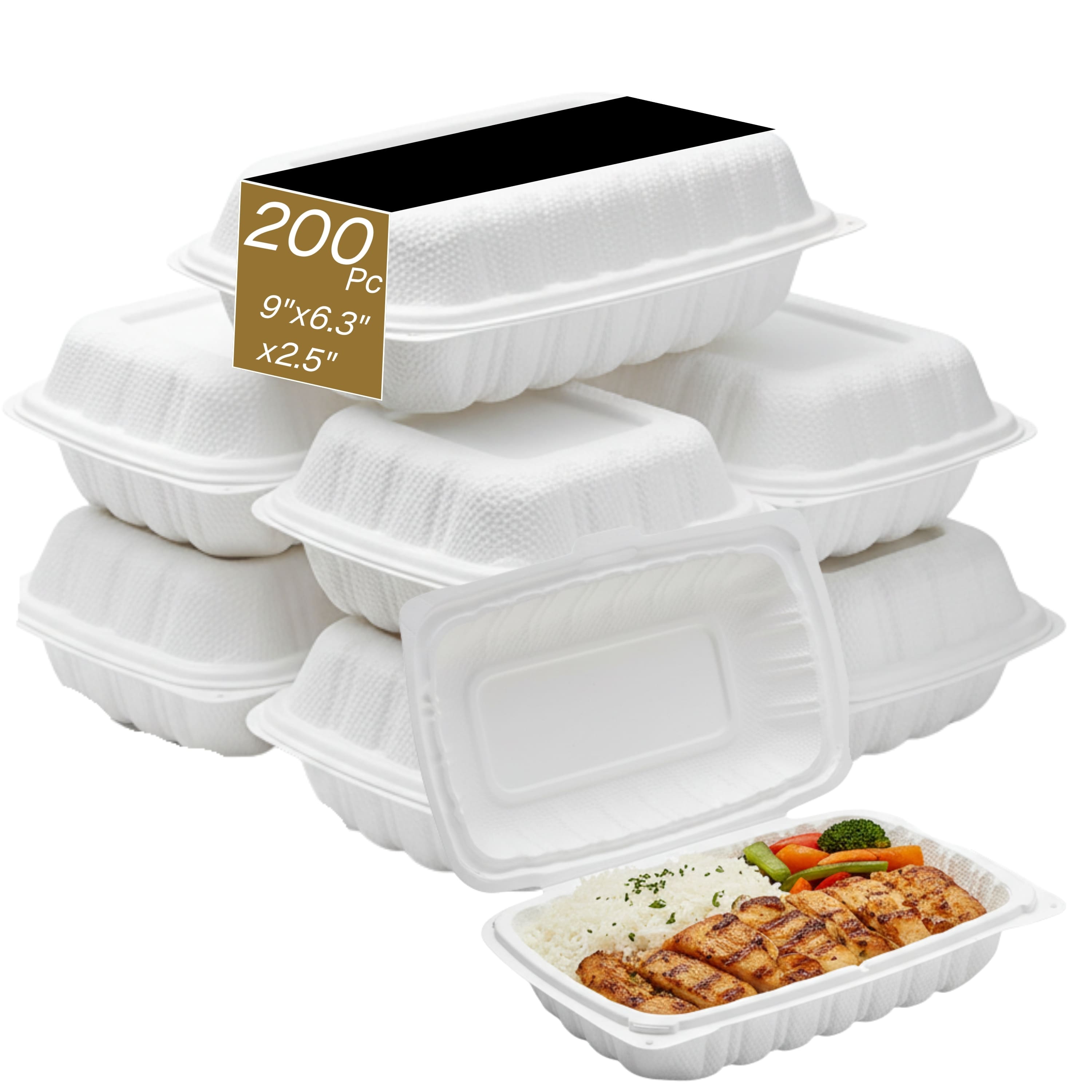 Eco Harmony Products - Clamshell (MFPP) Hinged Container (Corner Lock), 9" x 6.3", 200-Pack - White