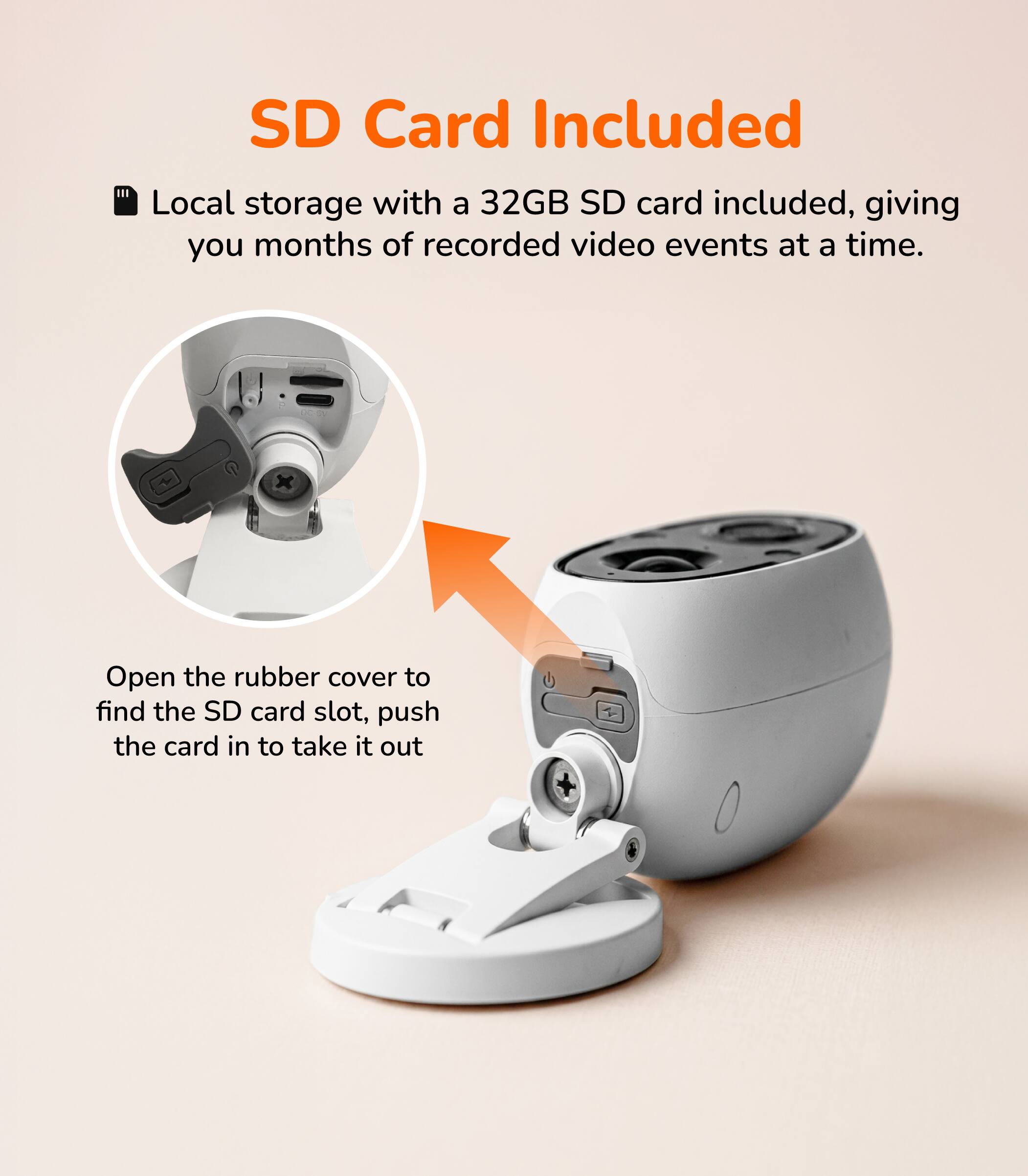 SD Card Included

Local storage with a 32GB SD card included, giving you months of recorded video events at a time.

Open the rubber cover to find the SD card slot, push the card in to take it out