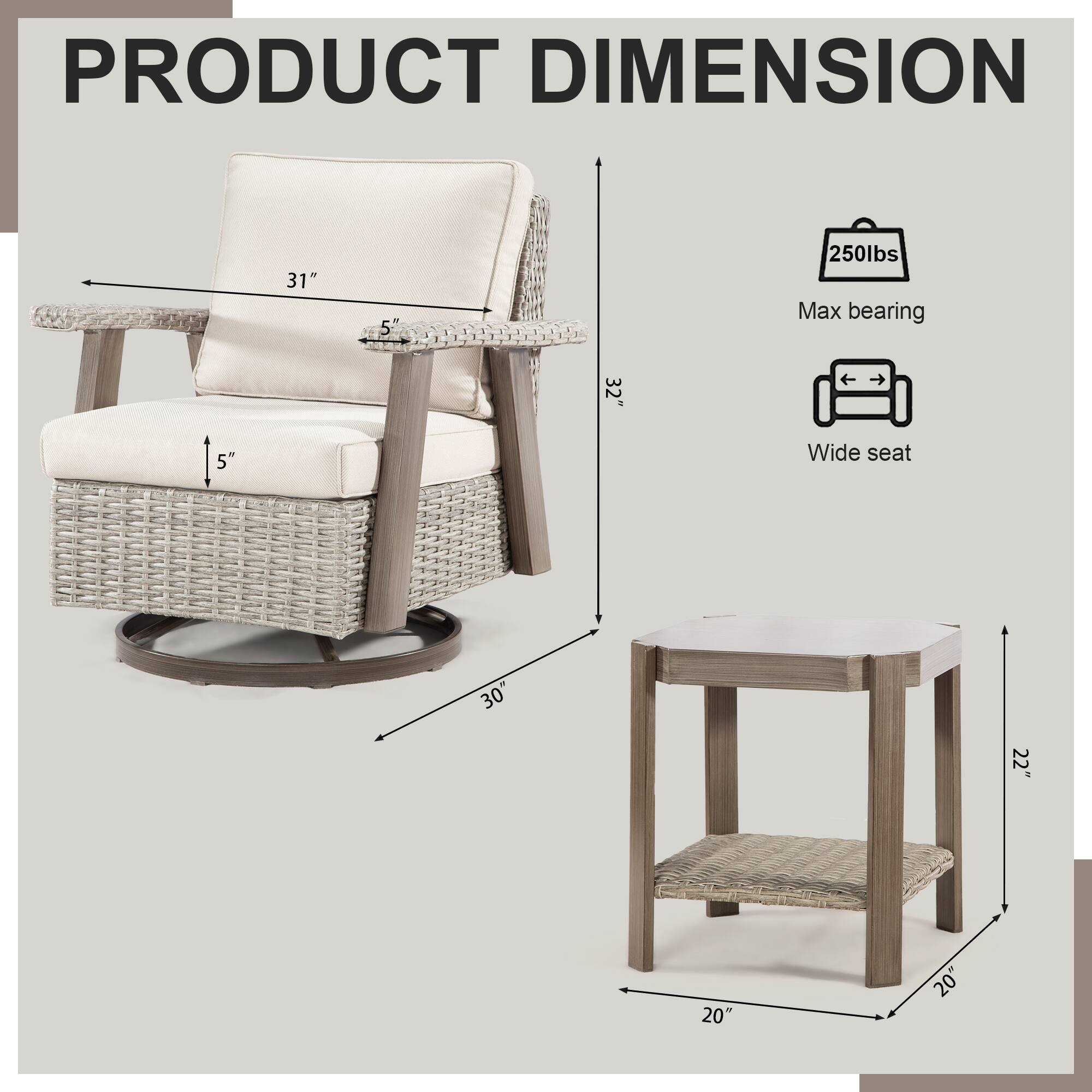 PRODUCT DIMENSION

- 31" (height of the chair)
- 5" (depth of the seat)
- 32" (height of the table)
- 30" (width of the chair)
- 250lbs Max bearing
- Wide seat
- 22" (height of the table)
- 20" (width of the table)
- 20" (depth of the table)