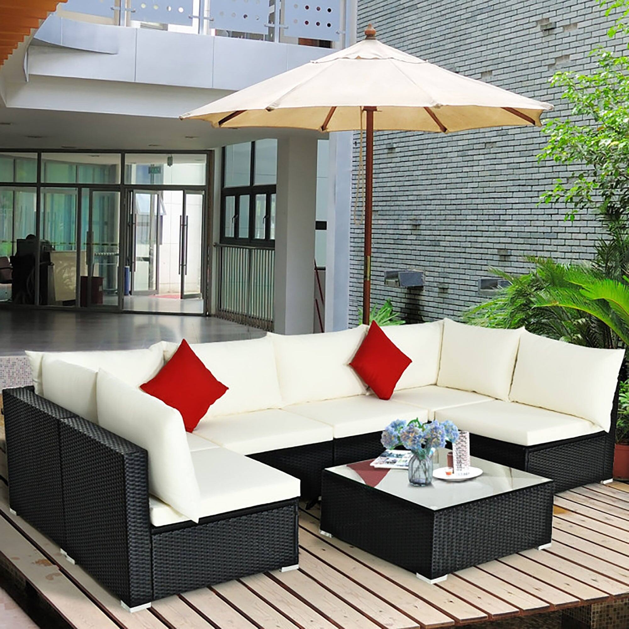 Alt View 1. Boyel Living - 7 Pieces Sectional Wicker Furniture Sofa Set with Tempered Glass Top Coffee Table - Beige.