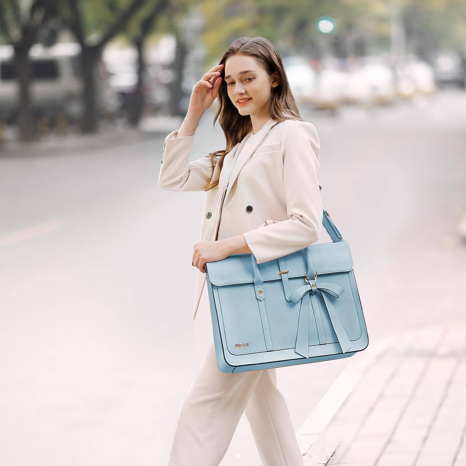 Angle. mosiso - Laptop Bag for Women 15-15.6 inch PU Leather Laptop Shoulder Bags Convertible Backpack Casual Handbag Work Computer Bag - Air Blue.