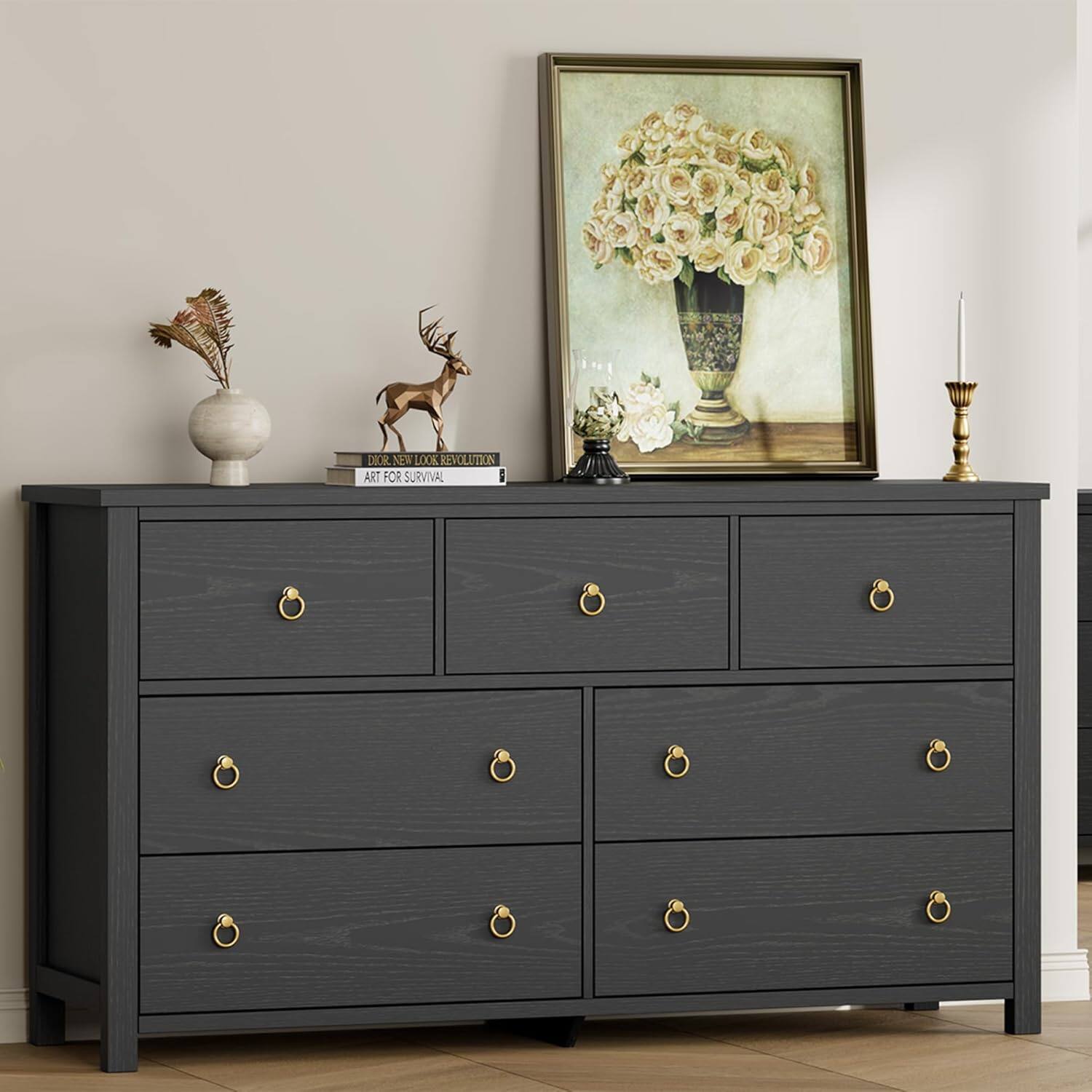 Acekool - 7 Drawer Dresser for Bedroom, 54 in Wide Dresser, Chest of Drawers - Black