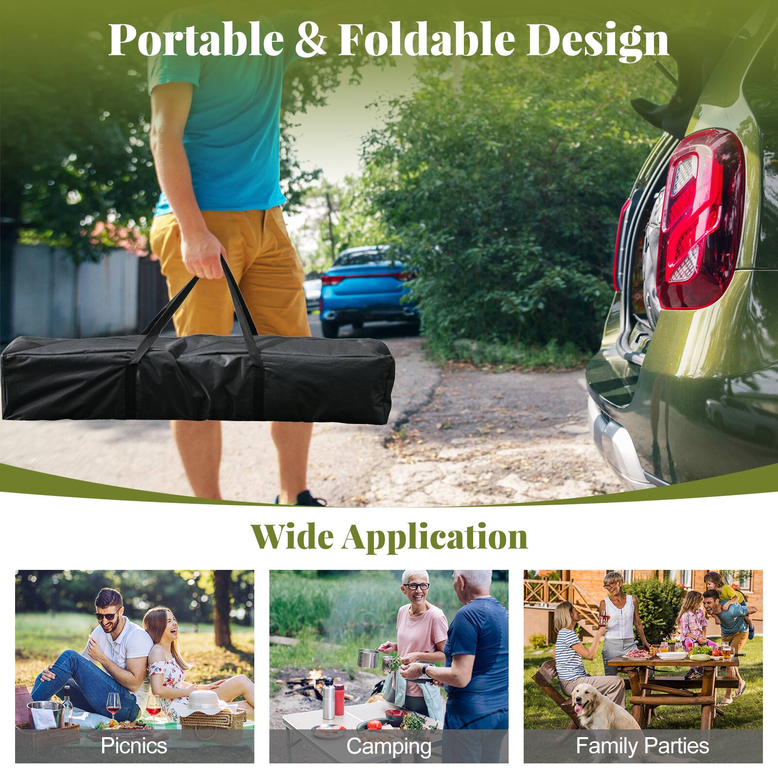 Portable & Foldable Design

Wide Application

- Picnics
- Camping
- Family Parties