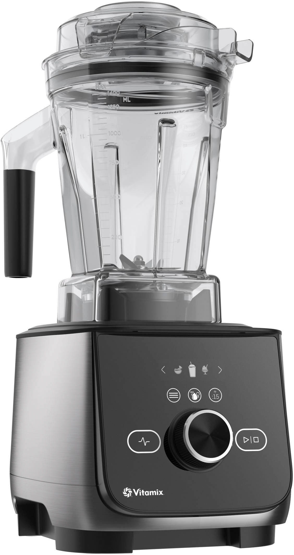 The image features a Vitamix blender with a clear container. The blender is black and silver in color, and it is filled with ingredients. The blender is designed to hold 140 ml of ingredients, and it has a 1250 watt motor. The blender is capable of blending ingredients for 1 liter, 1000 ml, or 750 ml containers. The blender is also equipped with a 2-speed motor, making it suitable for various blending tasks.