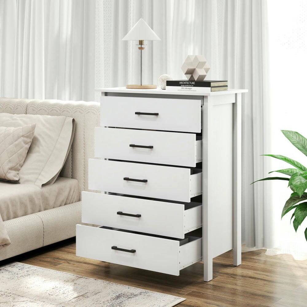 Left. Kadyn - Storage Dresser,Chest of Drawers,Modern 5-Drawer Multipurpose Chest Dresser with Metal Handles-White - White.