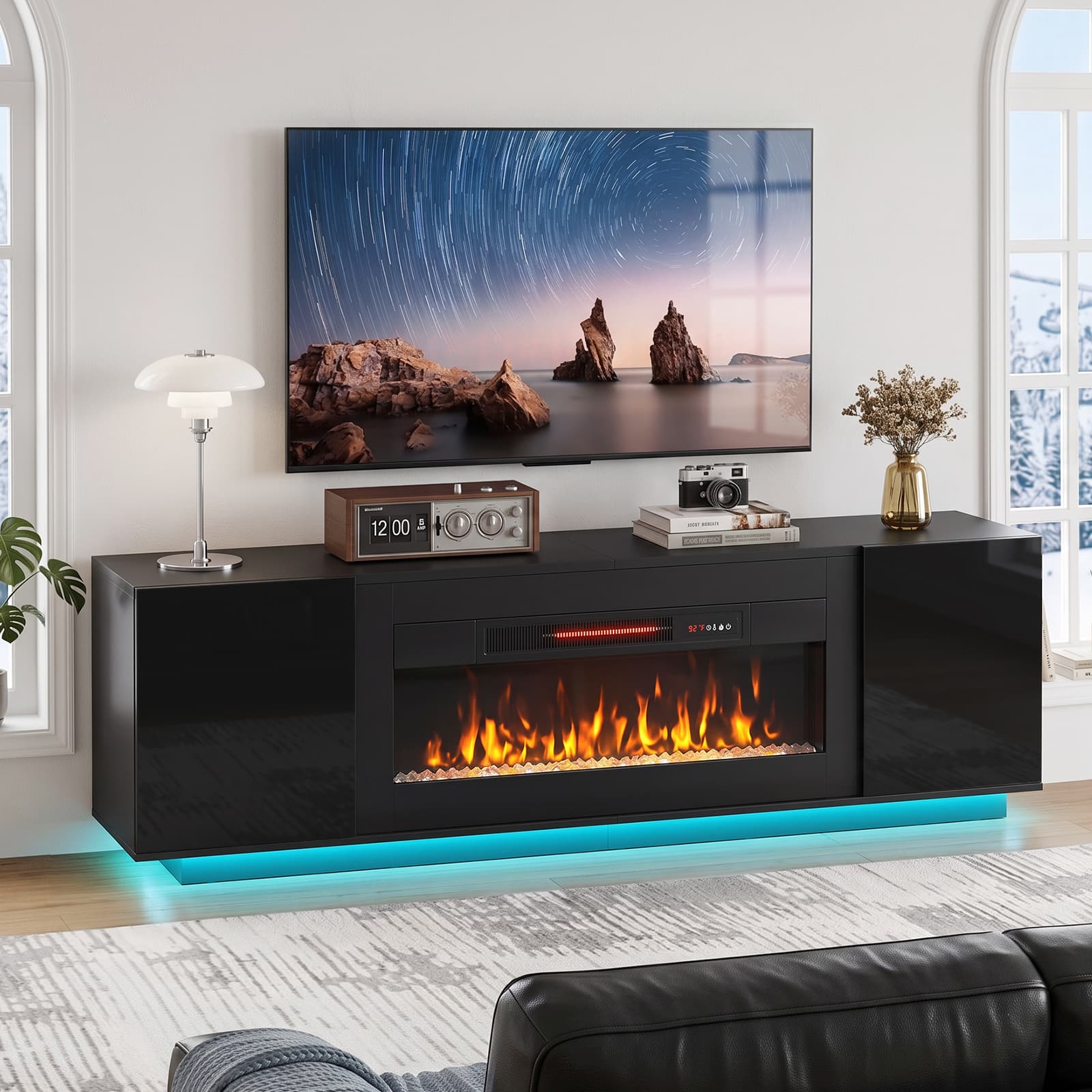 Pinmoco - 70" Electric Fireplace TV Stand, 36" Fireplace Entertainment Center with RGB Lights, TV Stand Fits up to 80" - Black