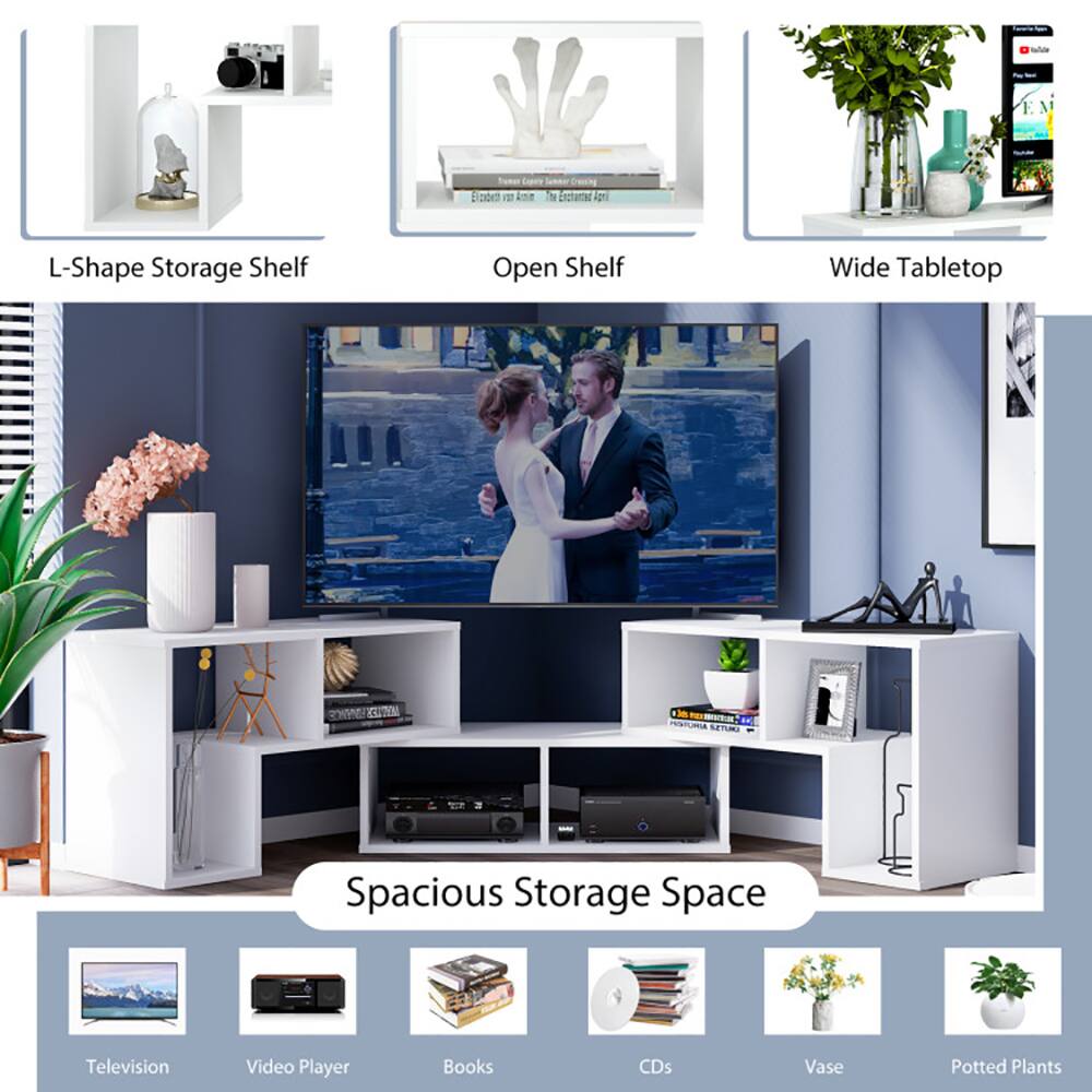 - L-Shape Storage Shelf
- Open Shelf
- Wide Tabletop
- Spacious Storage Space
- Television
- Video Player
- Books
- CDs
- Vase
- Potted Plants