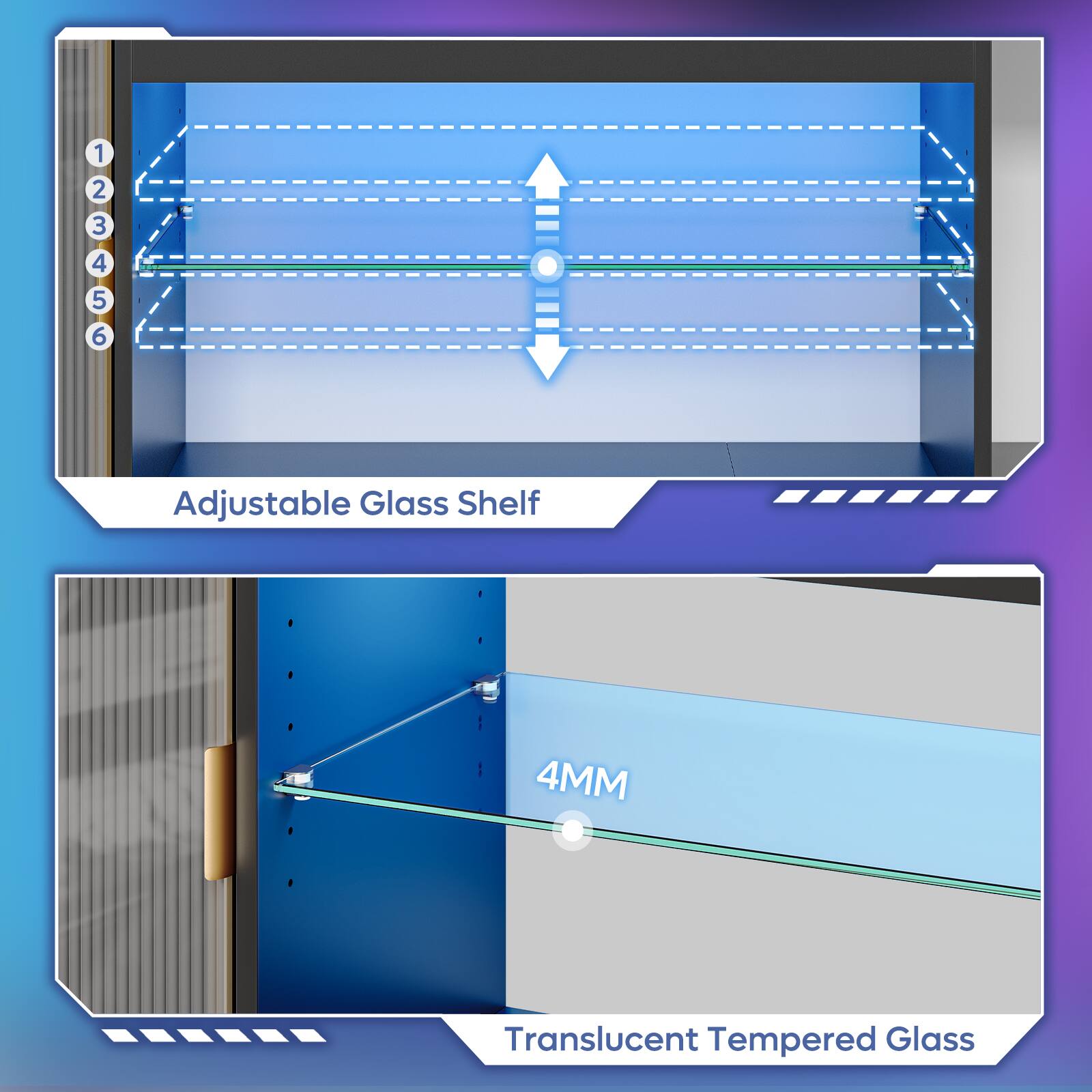 1. Adjustable Glass Shelf
2. 4MM Translucent Tempered Glass