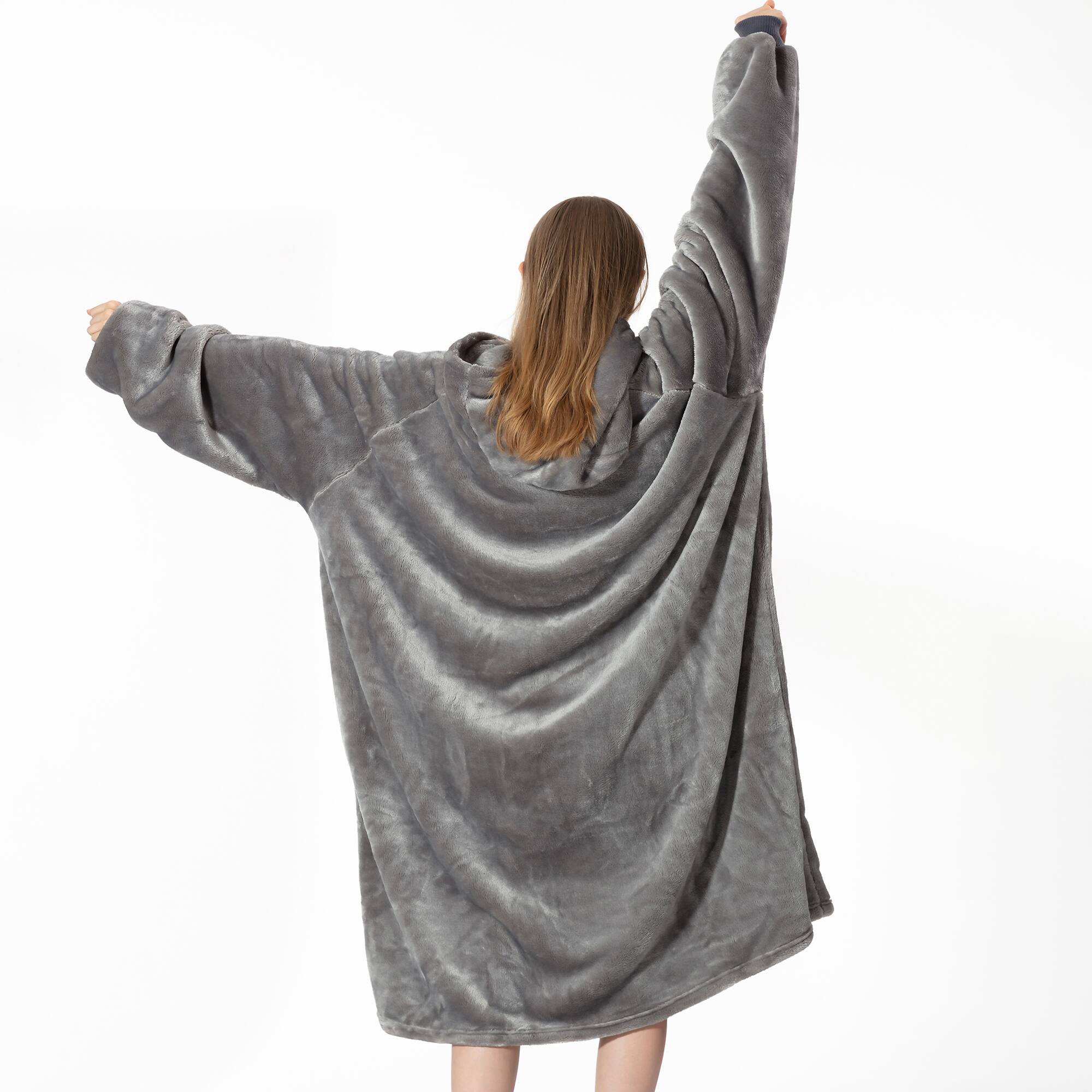 Back. Sweet Home Collection - Oversized Wearable Adult Blanket with Sleeves and Hood - Gray.