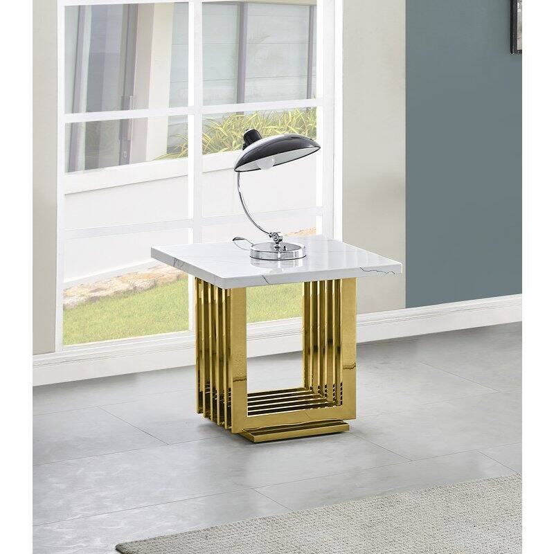 Left. Best Quality Furniture - White marble top end table with gold color stainless steel base - White.