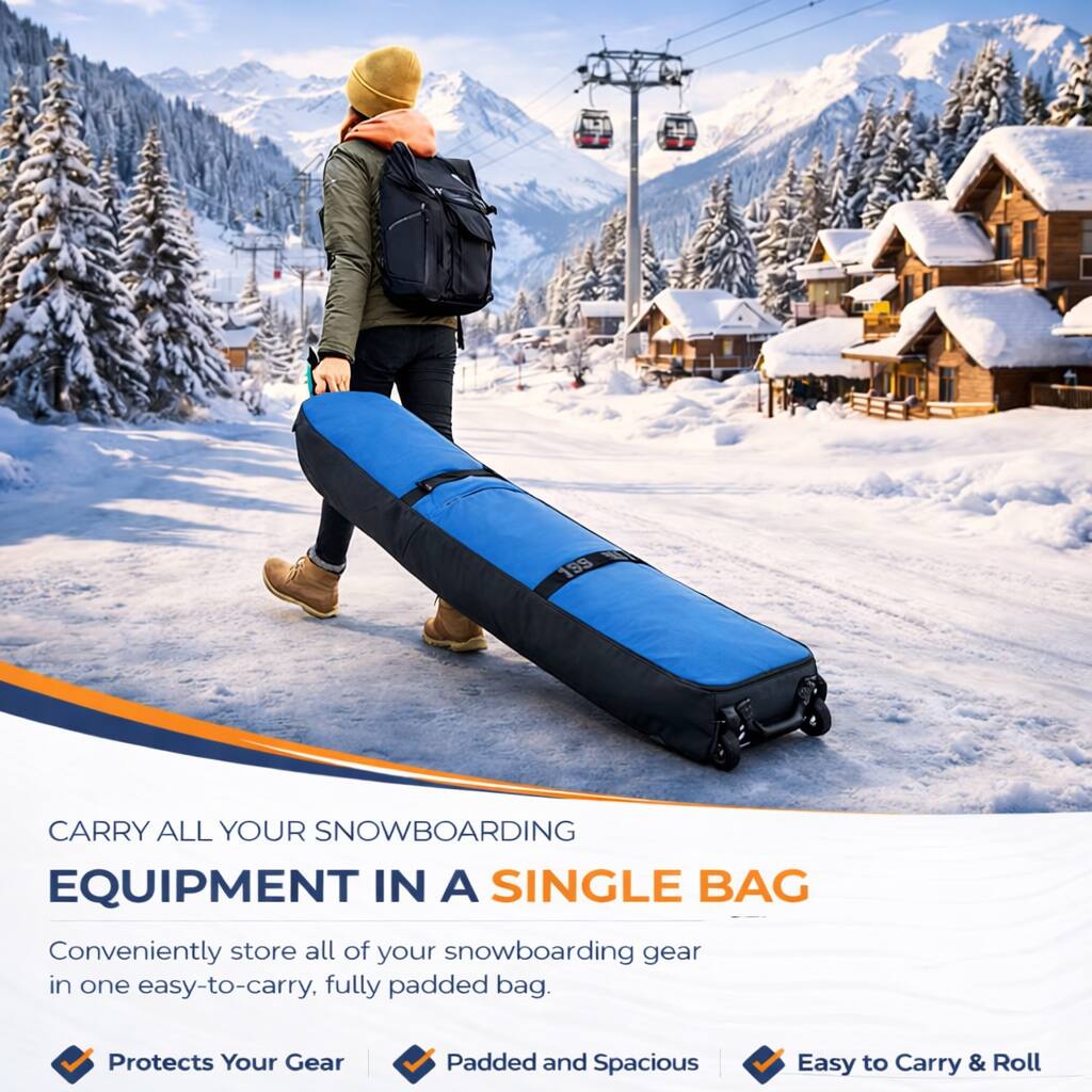 199 CARRY ALL YOUR SNOWBOARDING EQUIPMENT IN A SINGLE BAG  
Conveniently store all of your snowboarding gear in one easy-to-carry, fully padded bag.  
Protects Your Gear  
Padded and Spacious  
Easy to Carry & Roll
