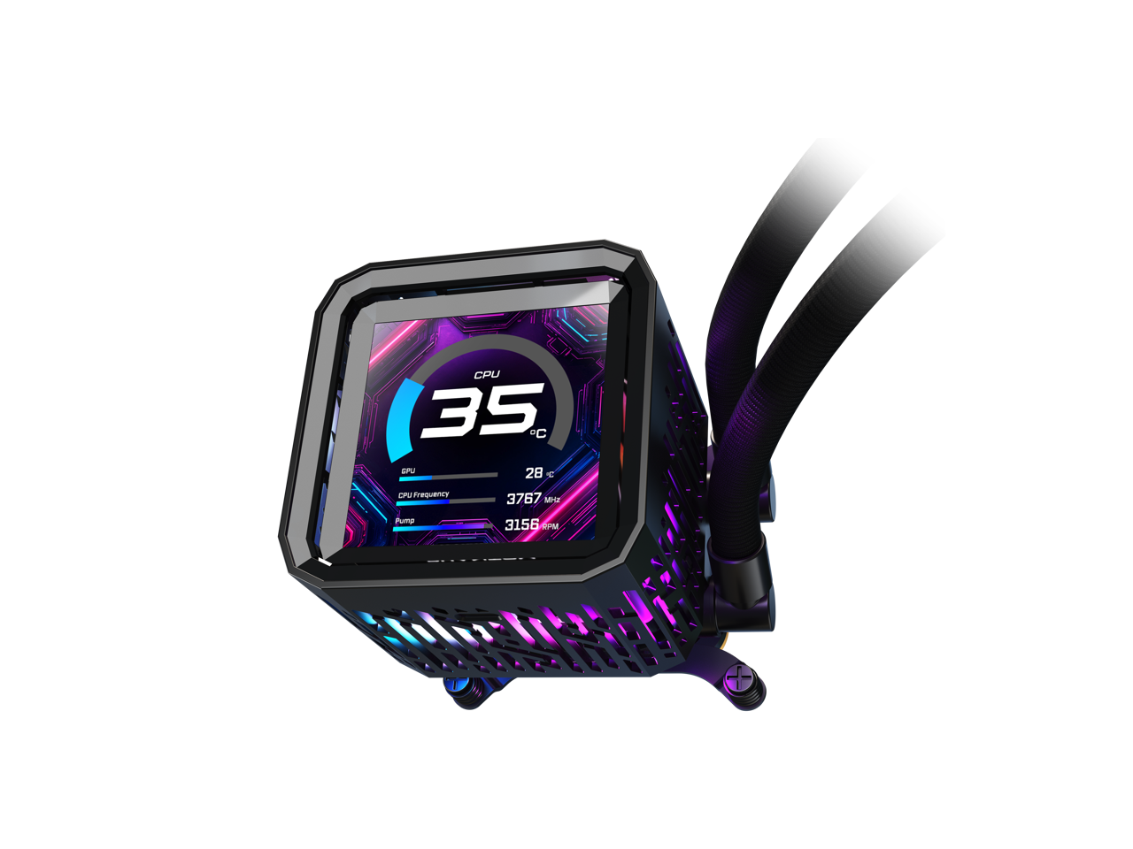 CPU 35°C  
GPU 28°C  
CPU Frequency 3767 MHz  
Pump 3156 RPM