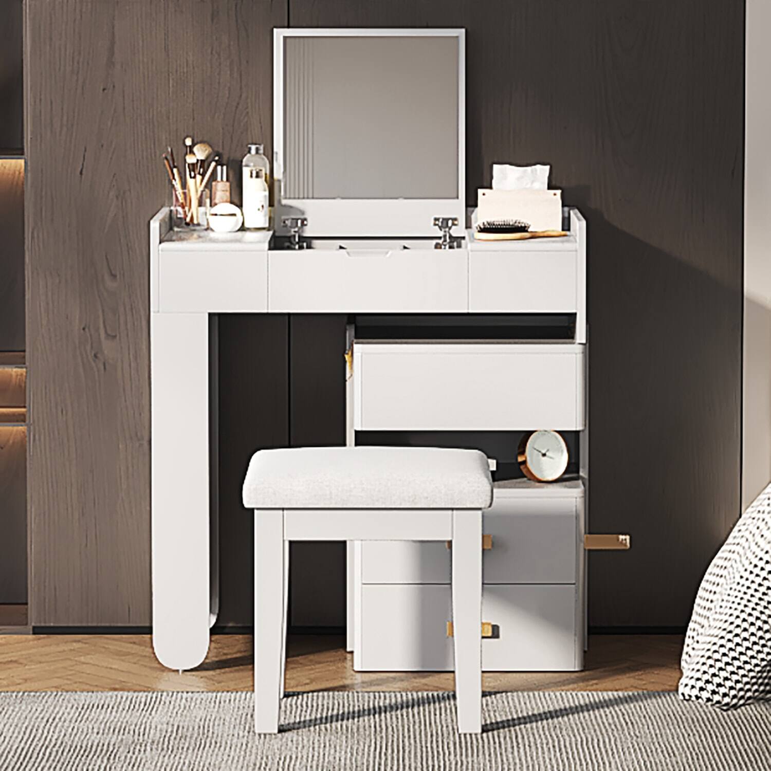 Left. Lirago - White 3-in-1 Makeup Vanity Desk with Flip Mirror LED Lights and Ample Drawers 16.3”D x 45.25“ W x 31.3“ H - White.