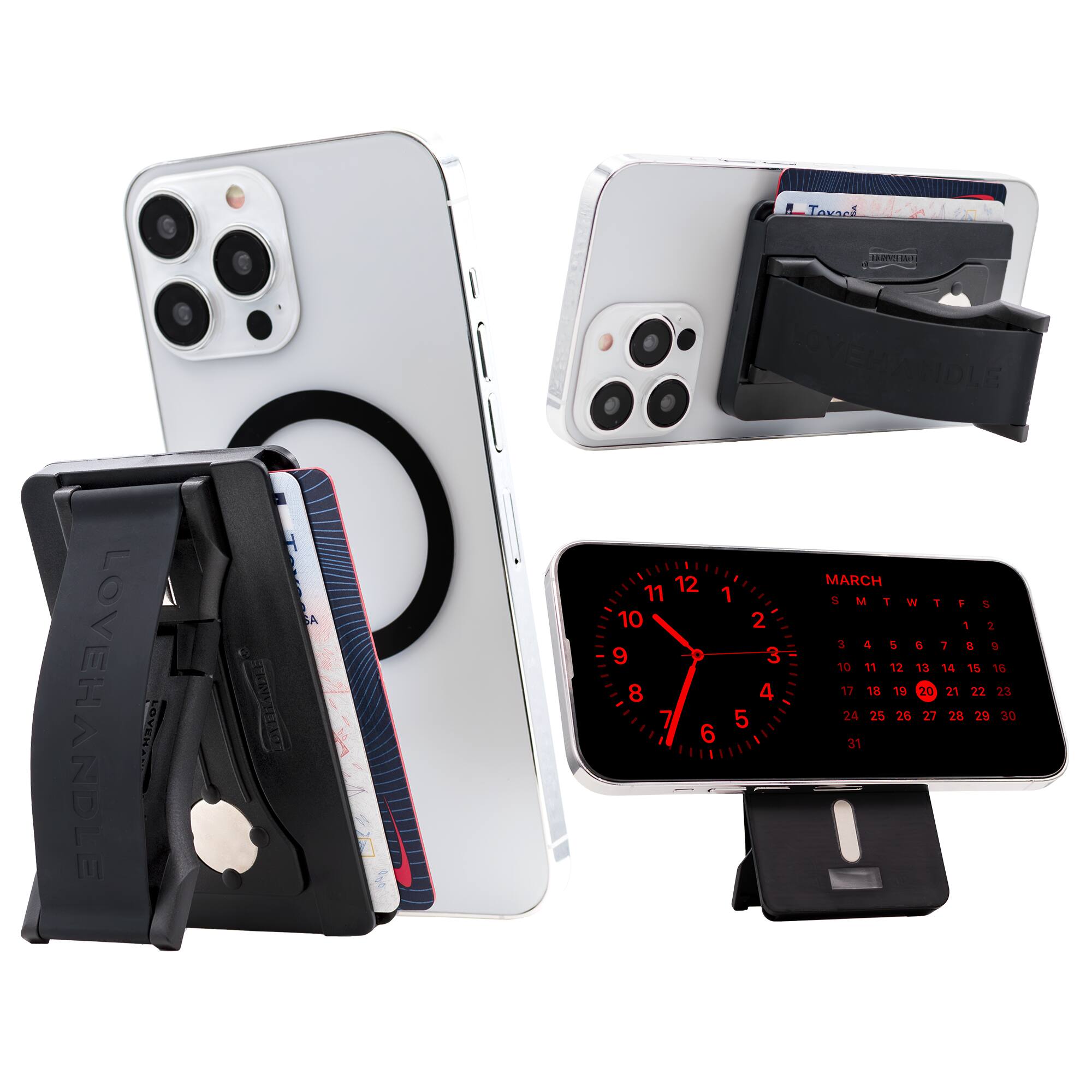 The image features a white cell phone with a black case, a black wallet, and a black strap. There is also a red clock on the phone, which is displaying the time as 12:30. The phone is placed on a table, and the wallet and strap are nearby. The image is likely promoting a product or showcasing a personal accessory setup.