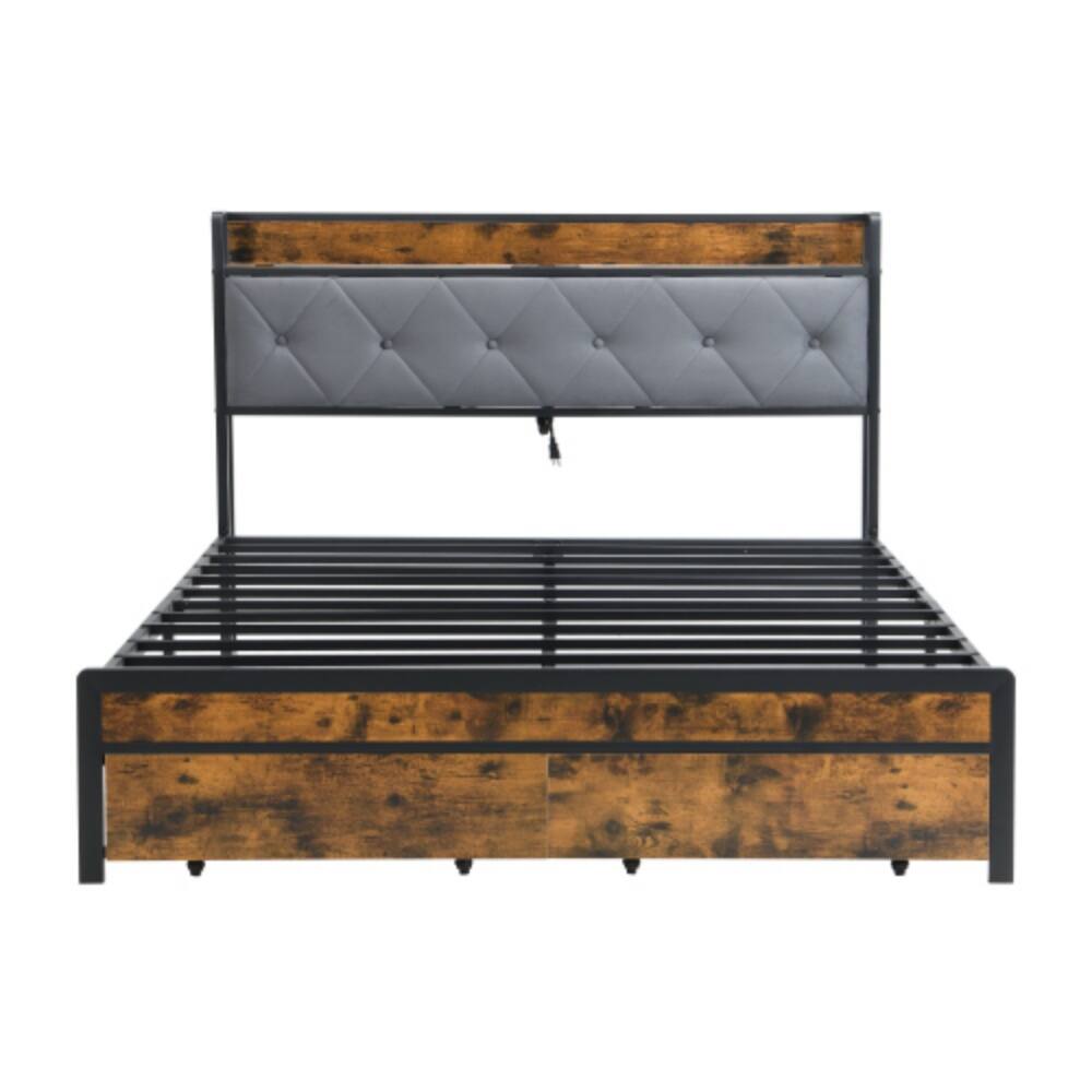 Alt View 3. LUCKY ONE - Full Size Bed Frame with Upholstered Headboard, LED Lights, USB Charging Station, 2 Drawers, No Box Spring Needed - Brown+Gray.