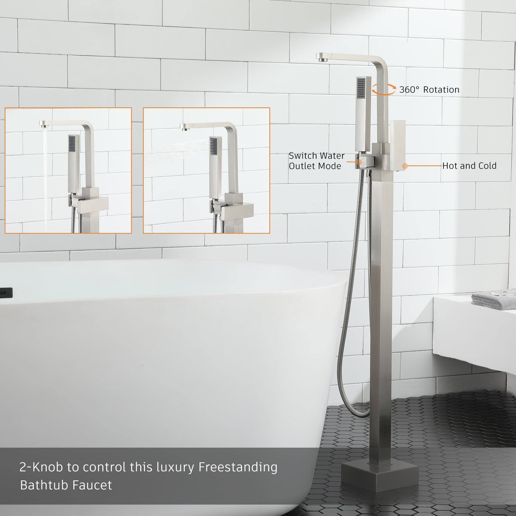 360 Rotation, Switch Water Outlet Mode, Hot and Cold, 2-Knob to control this luxury Freestanding Bathtub Faucet