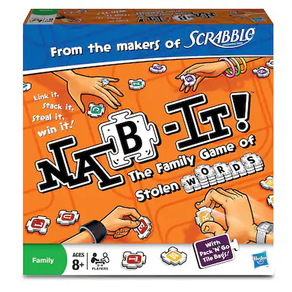 From the makers of SCRABBLE CROSSWORD GAME
Link it, Stack it, Steal it, win it!
NAB-IT! The Family Game of Stolen WORDS
Family
AGES 8+ PLAYERS 2-4
With Pack 'N Go Tile Bags!
Hasbro
