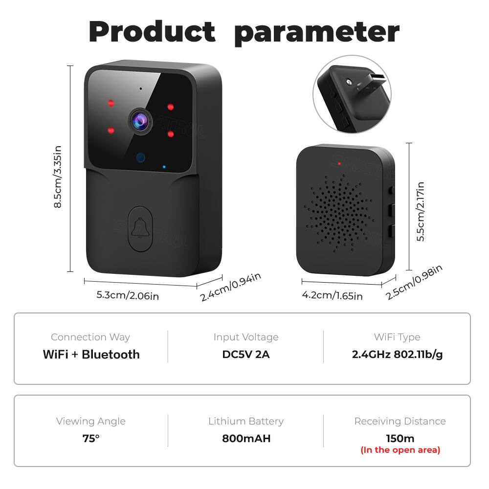 Product parameter

- **Connection Way:** WiFi + Bluetooth
- **Input Voltage:** DC5V 2A
- **WiFi Type:** 2.4GHz 802.11b/g
- **Viewing Angle:** 75°
- **Lithium Battery:** 800mAH
- **Receiving Distance:** 150m (In the open area)

**Dimensions:**
- **ATROL:** 8.5cm/3.35in (height) x 5.3cm/2.06in (width) x 2.4cm/0.94in (depth)
- **SESTROL:** 5.5cm/2.17in (height) x 4.2cm/1.65in (width) x 2.5cm/0.98in (depth)