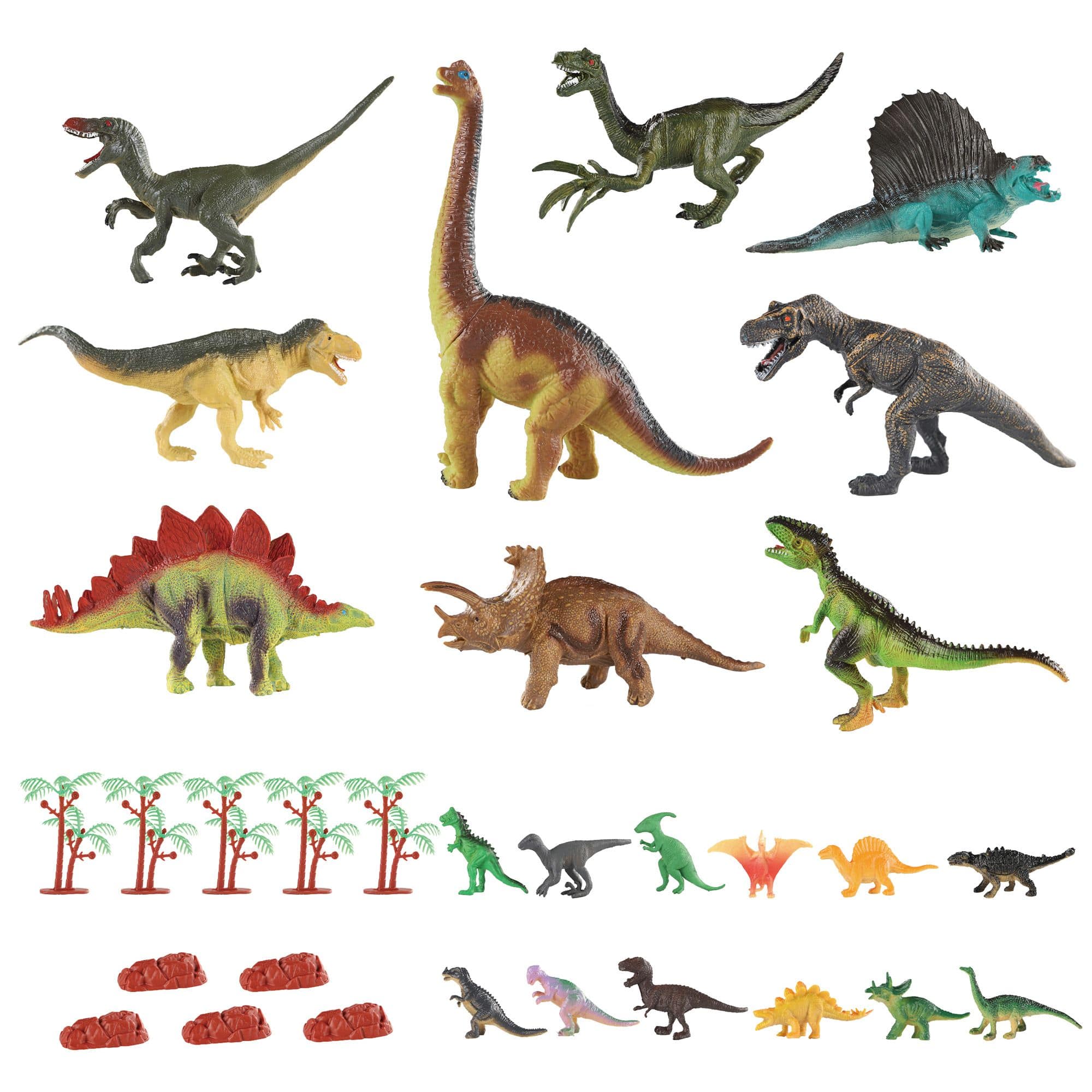 PicassoTiles - PICASSO-TILES 32PCS Dinosaur Action Figures Playset with Foldable Play Mat, Trees, Rocks & Educational Book for Kids