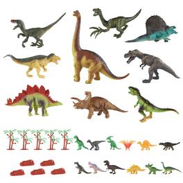 PicassoTiles - PICASSO-TILES 32PCS Dinosaur Action Figures Playset with Foldable Play Mat, Trees, Rocks & Educational Book for Kids