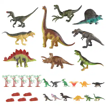 Front. PicassoTiles - PICASSO-TILES 32PCS Dinosaur Action Figures Playset with Foldable Play Mat, Trees, Rocks & Educational Book for Kids.