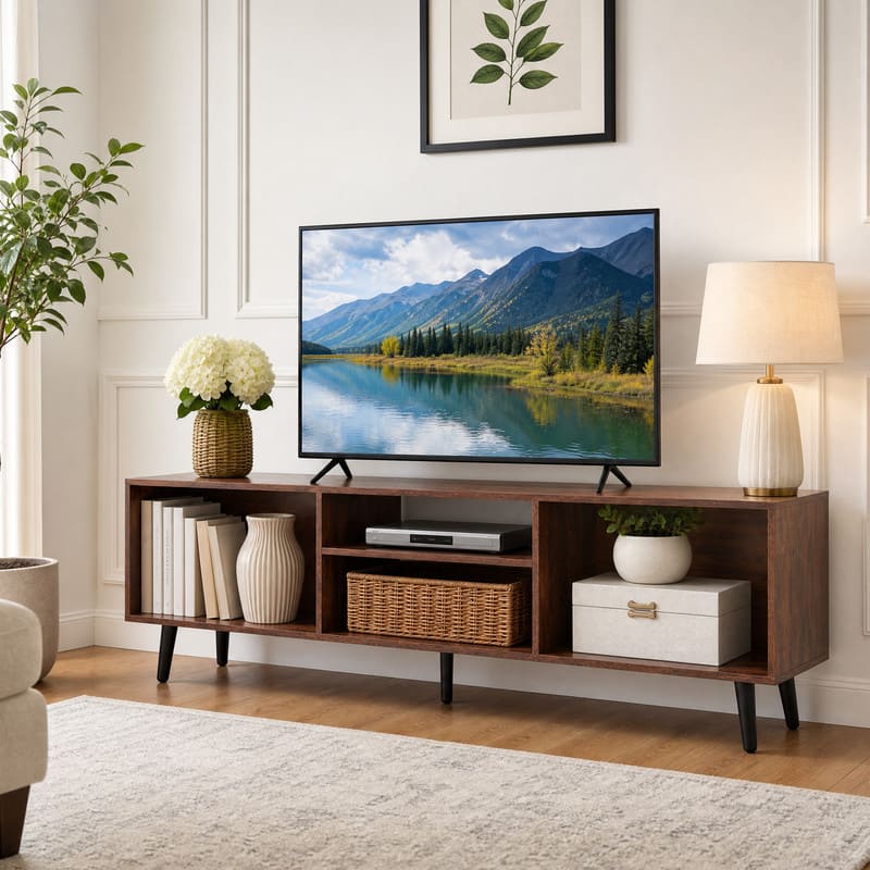 WELLFOR - Modern TV Stand for 55-Inch TV, Wood Entertainment Center Media Console Cabinet with Compartments and Metal Legs - Rustic Brown