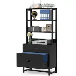 Hivvago - Home Office Lockable 2 Drawer Filing Cabinet Bookshelf Wood Finish - Black