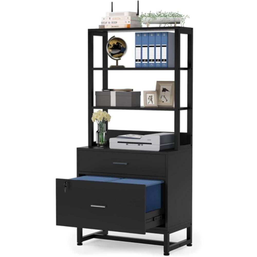 Front. Hivvago - Home Office Lockable 2 Drawer Filing Cabinet Bookshelf in Black Wood Finish - Black.