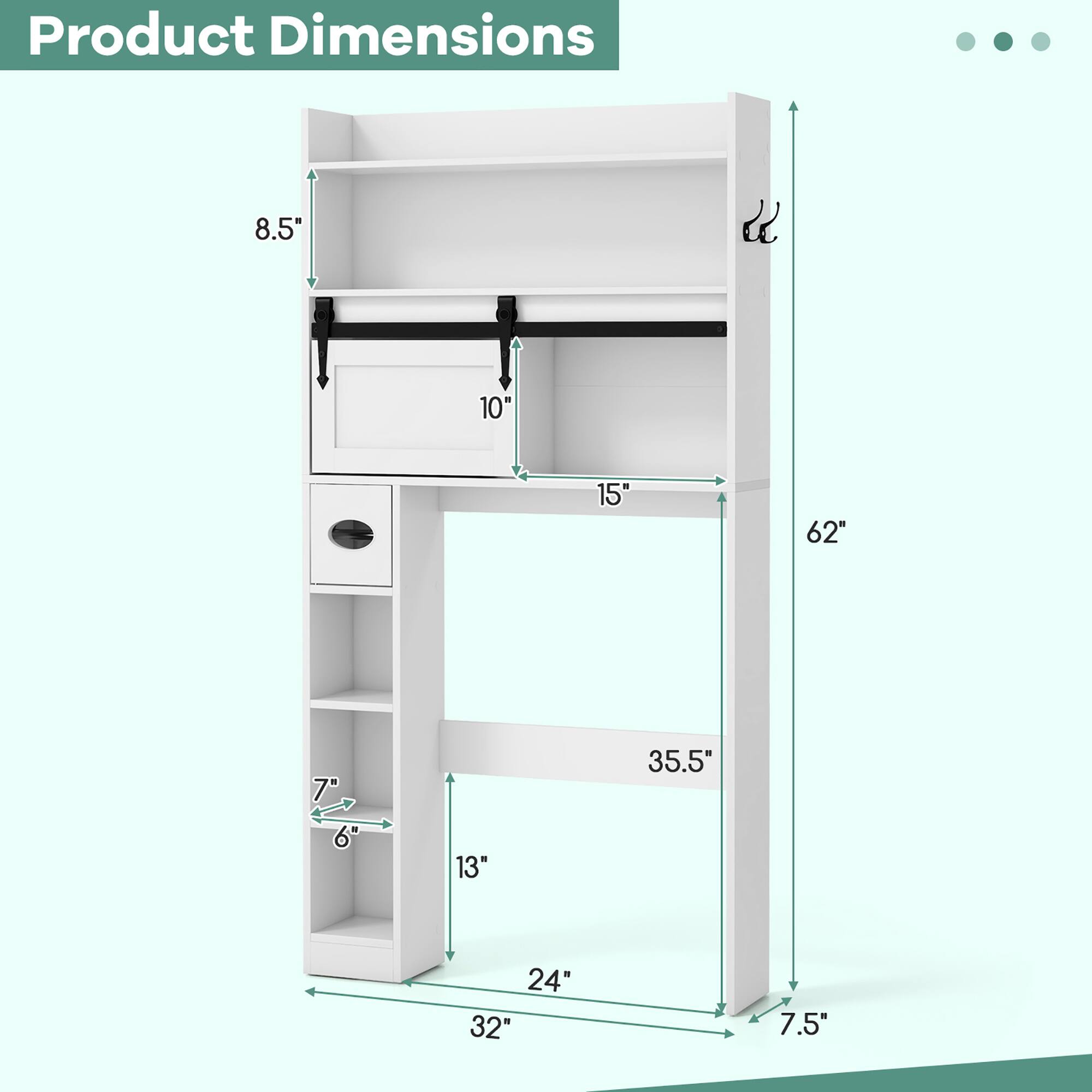 Product Dimensions

- 8.5"
- 10"
- 15"
- 62"
- 7"
- 6"
- 13"
- 35.5"
- 24"
- 32"
- 7.5"