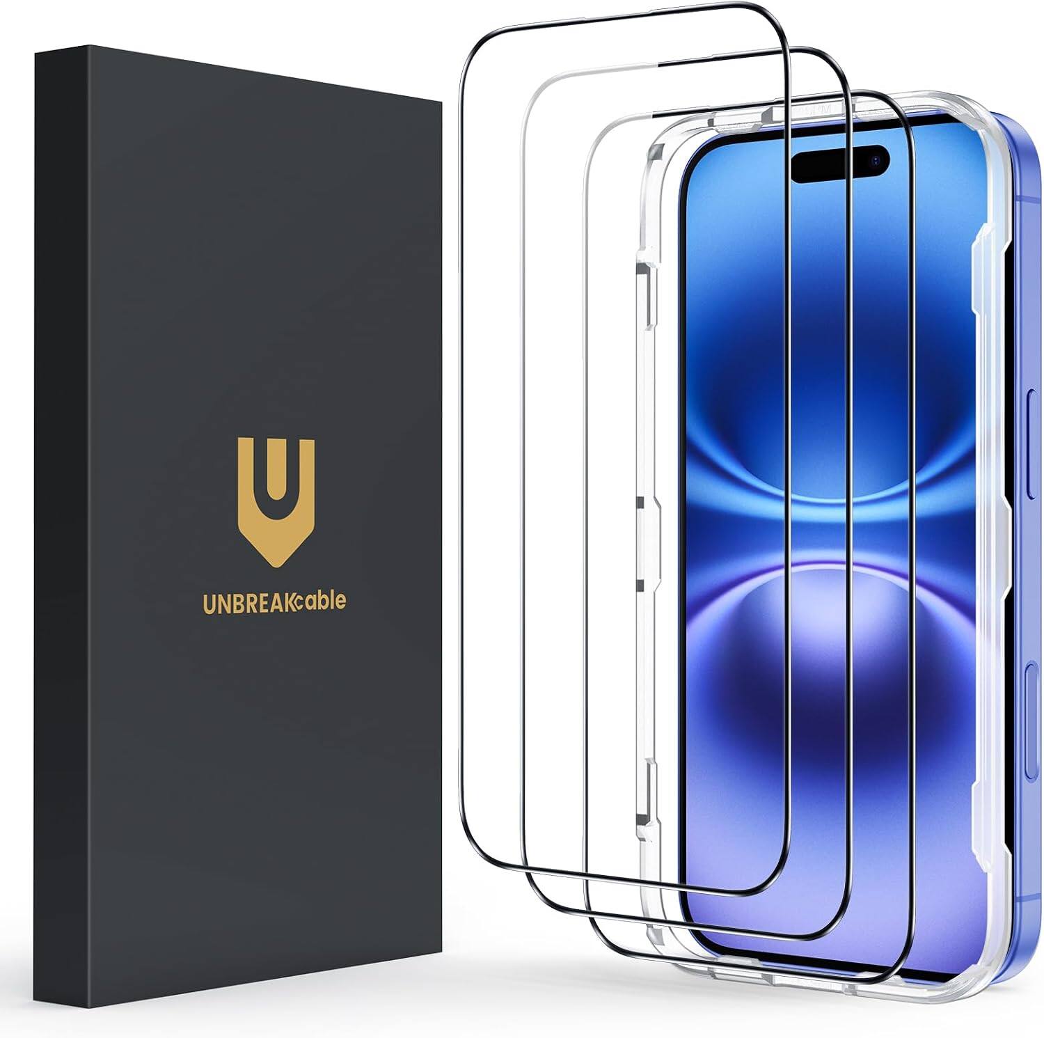 Alt View 4. UNBREAKcable - 3-Pack Full Coverage Screen Protector Tempered Glass for iPhone 15/16 - Clear.