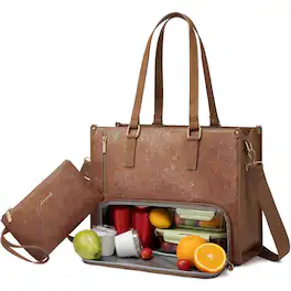 LOVEVOOK - Lunch Tote Bag for Women, 15.6 inch Laptop Bag with Insulated Lunch Compartment, Computer Handbag with Purse - Beige