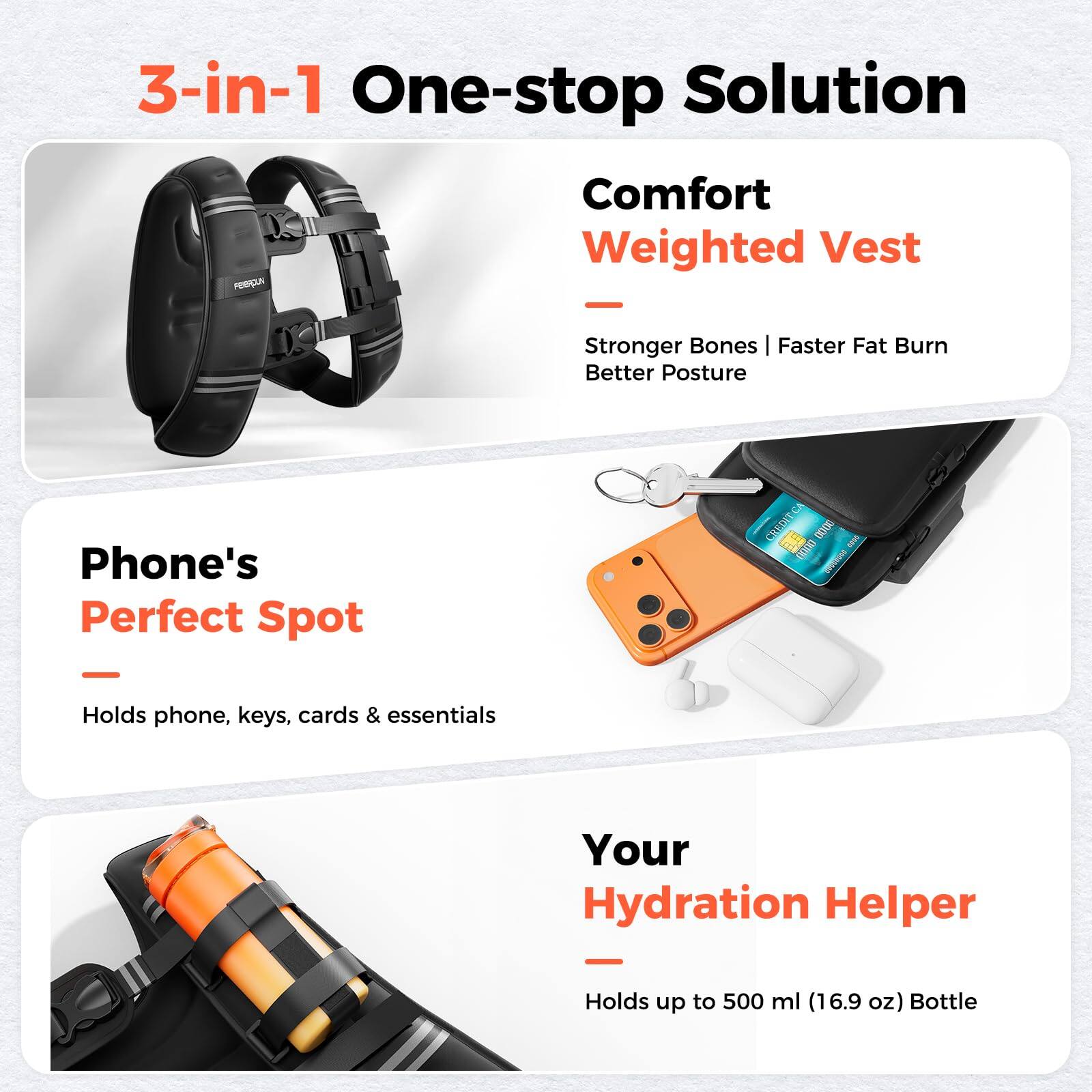 3-in-1 One-stop Solution

Comfort Weighted Vest
- Stronger Bones | Faster Fat Burn | Better Posture

Phone's Perfect Spot
- Holds phone, keys, cards & essentials

Your Hydration Helper
- Holds up to 500 ml (16.9 oz) Bottle