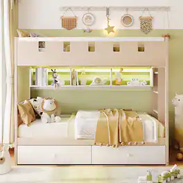 Anysun - Twin Size Castle Style Bunk Bed with 2 Drawers,Shelf,and LED - White