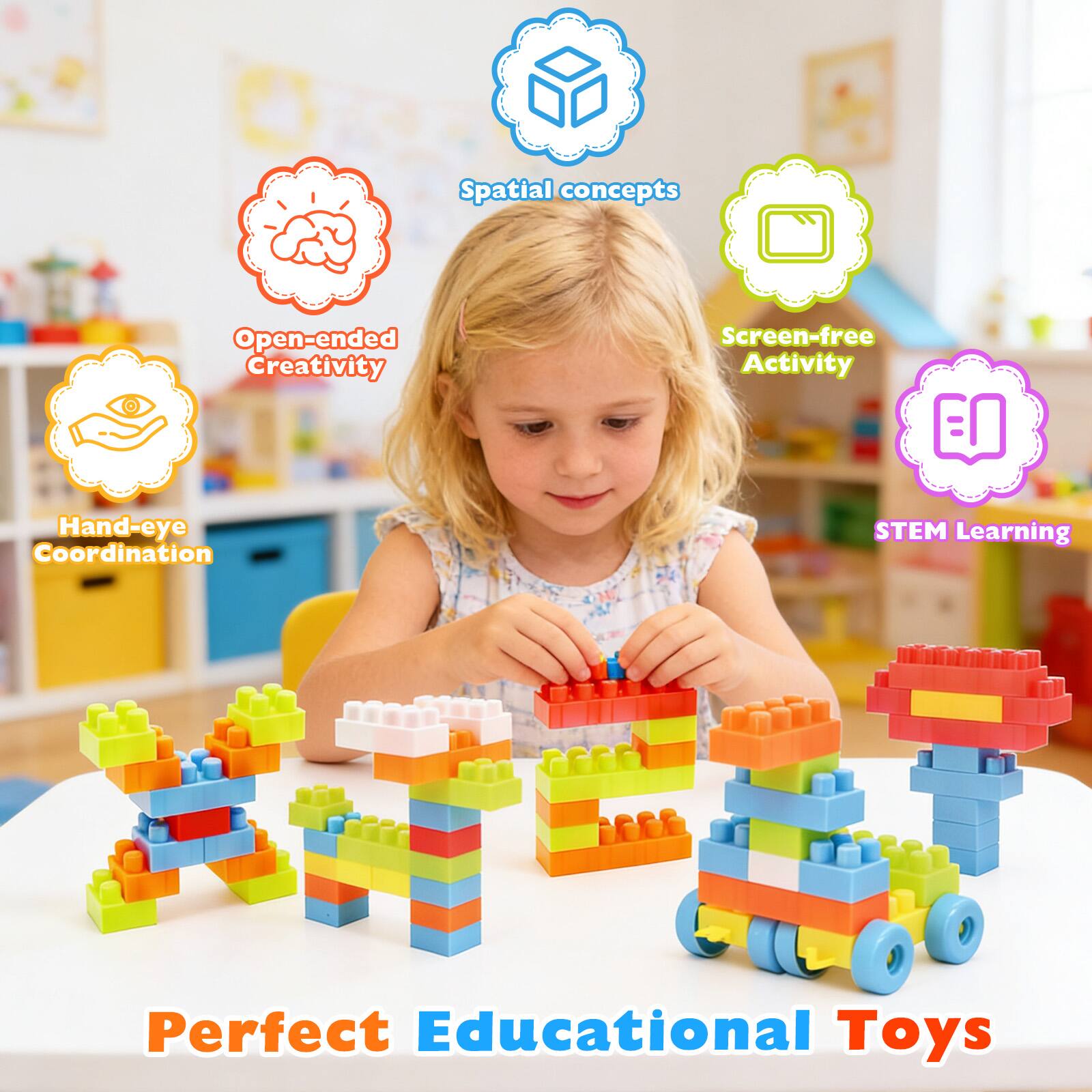 Spatial concepts  
Open-ended Creativity  
Screen-free Activity  
Hand-eye Coordination  
STEM Learning  
Perfect Educational Toys