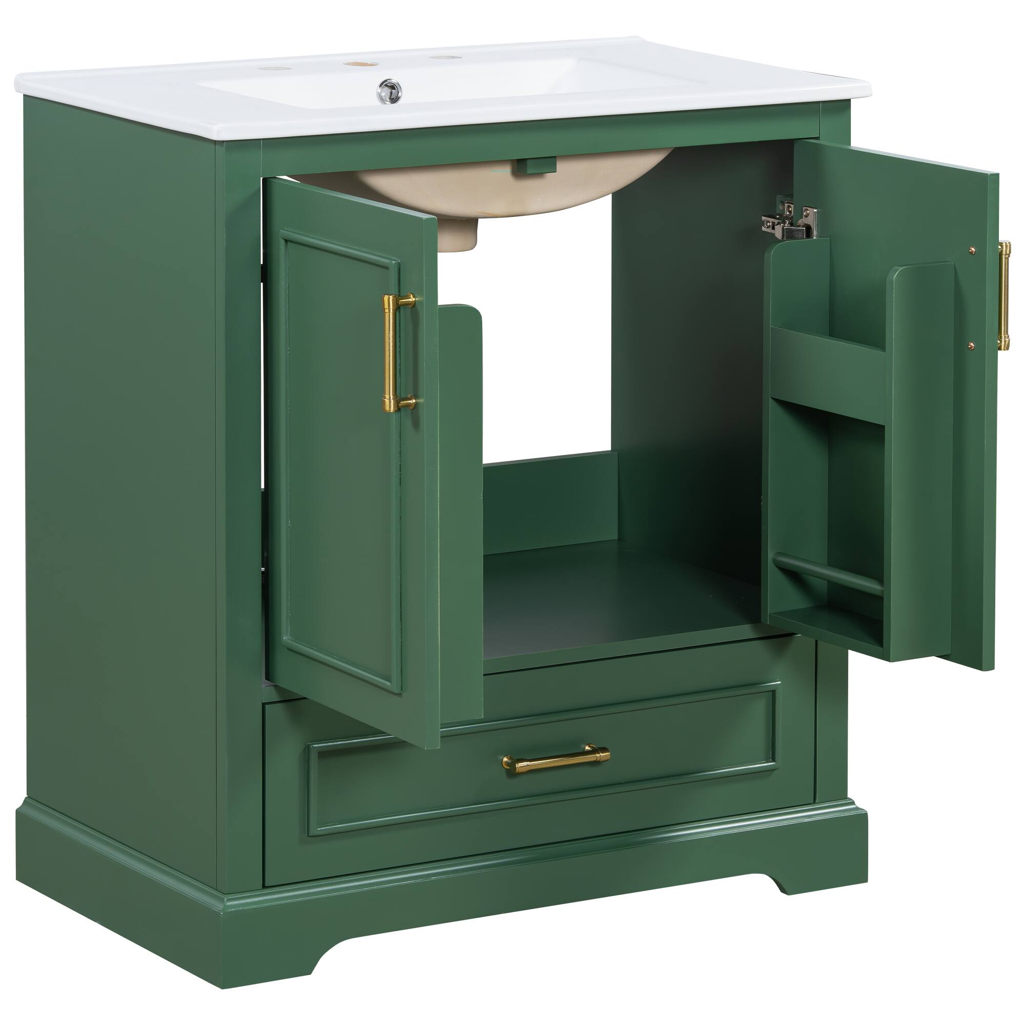 Alt View 1. Whisen - 30" Freestanding Bathroom Vanity with Sink, 1 Divider Drawer and 2 Soft-close Doors (Double Shelf on Door) - Green.