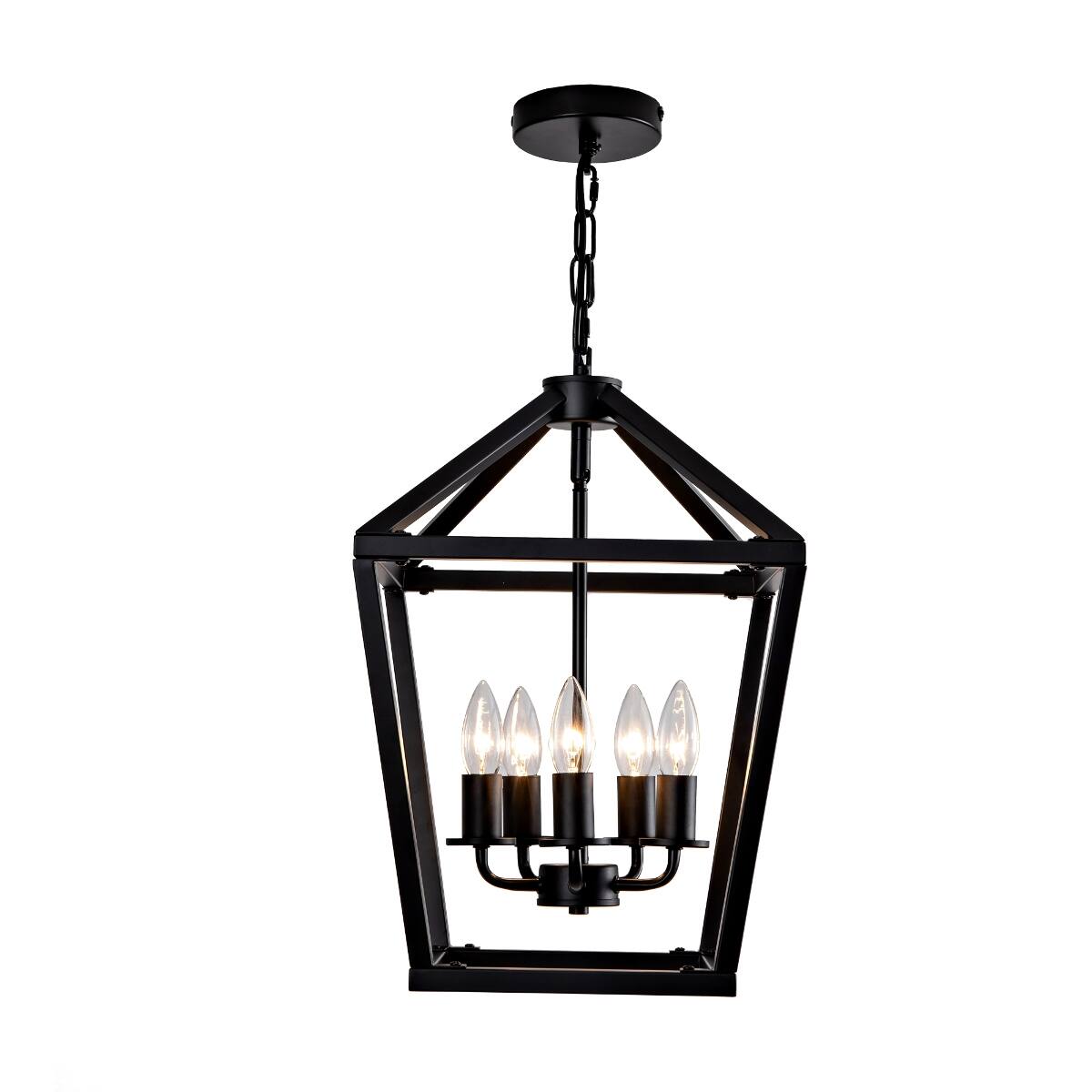Alt View 3. Loheer - Loheer 5 Light Farmhouse Lantern Chandelier, Matte Black Open Cage for Dining Room.