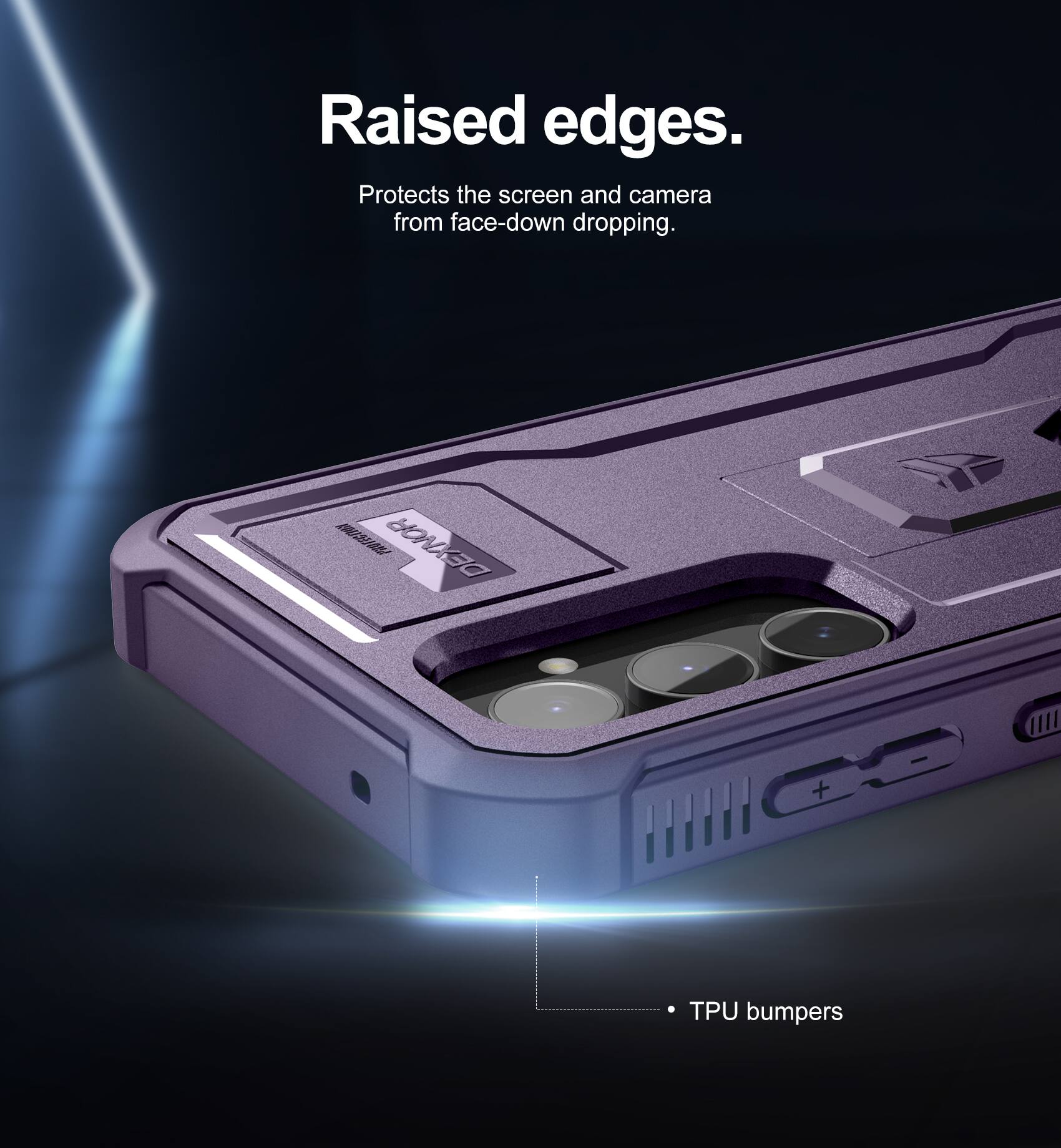 Raised edges.  
Protects the screen and camera from face-down dropping.  

DEXNOR I + TPU bumpers