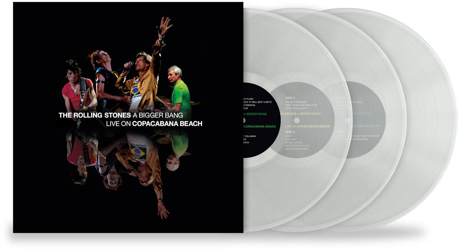 Sure, here is the corrected and grouped text:

---

**Front Cover:**

THE ROLLING STONES  
A BIGGER BANG  
LIVE ON COPACABANA BEACH

---

**Disc 1:**

SIDE A  
1. ROCK AND ROLL  
2. A BIGGER BANG  
3. COPACABANA BEACH  
4. MIDNIGHT RAMBLER  
5. THE RIGHT TIME  
6. 150 LBS  
7. EMPTY GARDEN  
8. THE DEVIL WITH THE THREE-HEADED DOG  
9. A BIGGER BANG  
10. COPACABANA BEACH  
11. YOU AGAIN  
12. OWN SIDE OF THE MOON  
13. HAPPY  
14. JUSTICE  
15. DETROIT CITY  
16. CLOUDY  
17. HONKY WOMEN  
18. YOU WANT CREDIT  
19. SATISFACTION

---

**Disc 2:**

SIDE B  
1. A BIGGER BANG  
2. COPACABANA BEACH  
3. THE DEVIL WITH THE THREE-HEADED DOG  
4. A BIGGER BANG  
5. COPACABANA BEACH  
6. YOU AGAIN  
7. OWN SIDE OF THE MOON  
8. HAPPY  
9. JUSTICE  
10. DETROIT CITY  
11. CLOUDY  
12. HONKY WOMEN  
13. YOU WANT CREDIT  
14. SATISFACTION

---

**Disc 3:**

SIDE C  
1. A BIGGER BANG  
2. COPACABANA BEACH  
3. THE DEVIL WITH THE THREE-HEADED DOG  
4. A BIGGER BANG  
5. COPACABANA BEACH  
6. YOU AGAIN  
7. OWN SIDE OF THE MOON  
8. HAPPY  
9. JUSTICE  
10. DETROIT CITY  
11. CLOUDY  
12. HONKY WOMEN  
13. YOU WANT CREDIT  
14. SATISFACTION

---

**Disc 4:**

SIDE D  
1. A BIGGER BANG  
2. COPACABANA BEACH  
3. THE DEVIL WITH THE THREE-HEADED DOG  
4. A BIGGER BANG  
5. COPACABANA BEACH  
6. YOU AGAIN  
7