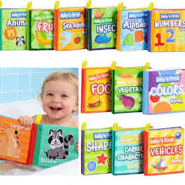 Joyfy - 12 Pcs Baby Bath Toys, Waterproof Soft Cloth Books for Multi-Age, Infant Education First Toys for Kids Birthday Gifts