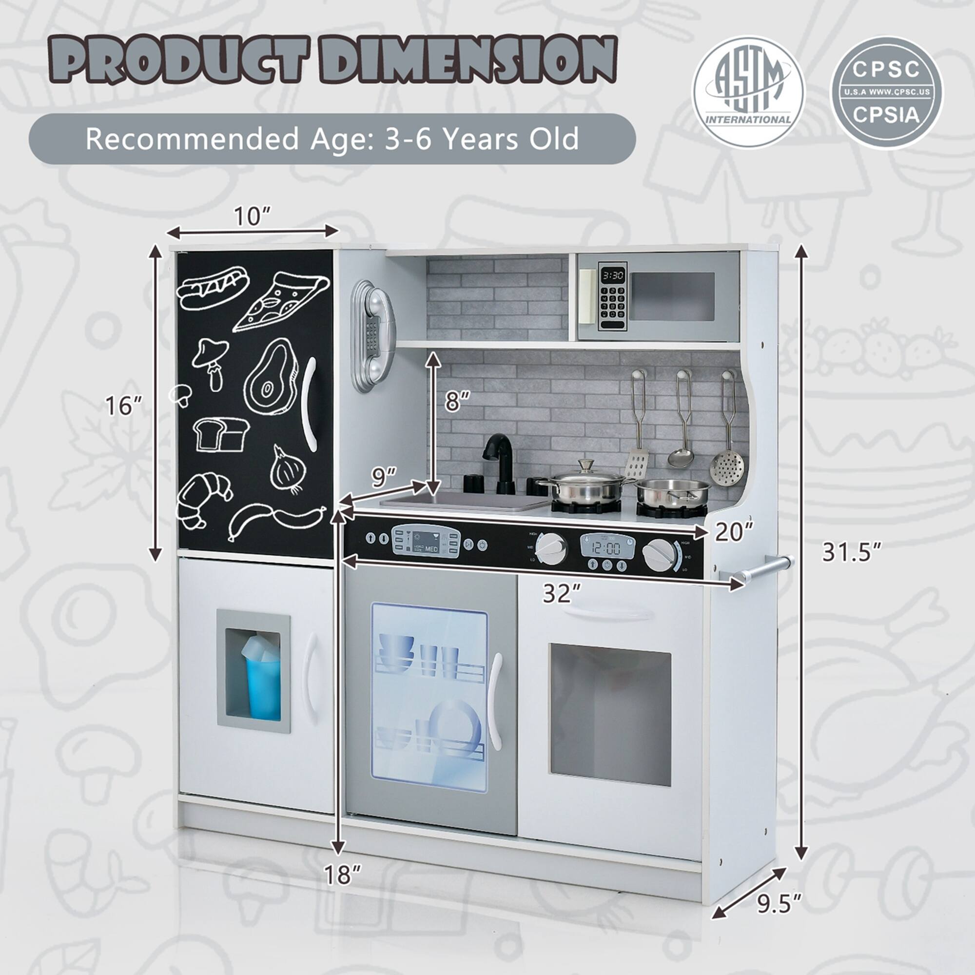 PRODUCT DIMENSION  
Recommended Age: 3-6 Years Old  

10"  
16"  
8"  
9"  
32"  
20"  
31.5"  
18"  
9.5"  

HM INTERNATIONAL  
ASTM INTERNATIONAL  
CPSC U.S.A. www.CPSC.Us  
CPSIA