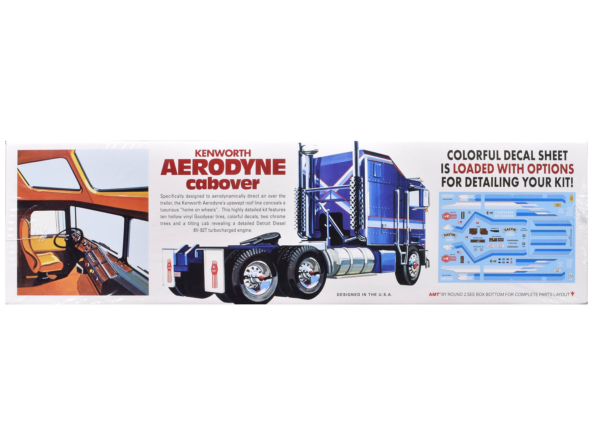 KENWORTH AERODYNE cabover  
Specifically designed to aerodynamically direct air over the trailer, the Kenworth Aerodyne's upswept roof line conceals a luxurious "home on wheels". This highly detailed kit features ten hollow vinyl Goodyear tires, colorful decals, two chrome trees and a tilting cab revealing a detailed Detroit Diesel 8V-92T turbocharged engine.  
COLORFUL DECAL SHEET IS LOADED WITH OPTIONS FOR DETAILING YOUR KIT!  
DESIGNED IN THE U.S.A.  
AMT BY ROUND 2 SEE BOX BOTTOM FOR COMPLETE PARTS LAYOUT