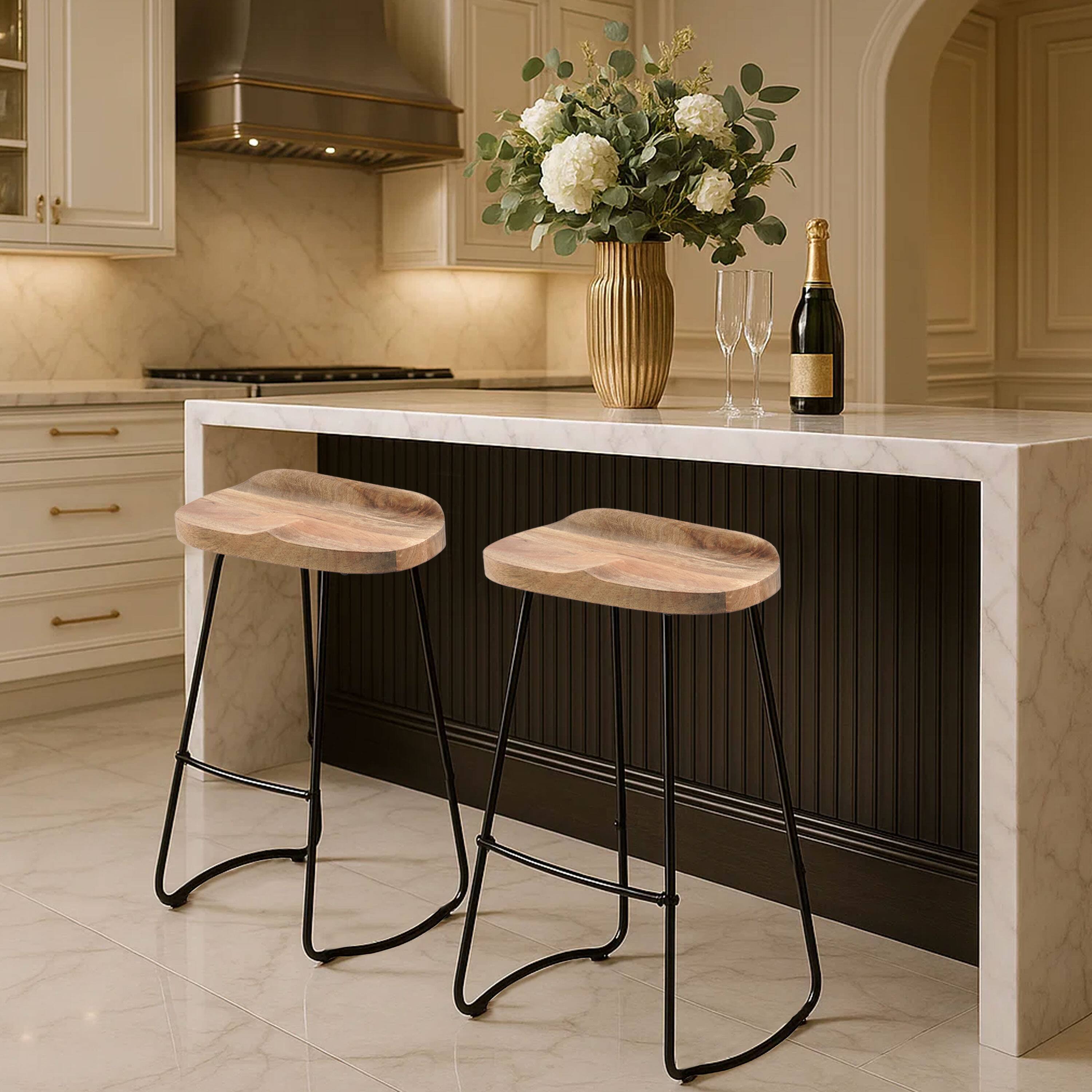 Alt View 10. Manhattan Lane - Tiva 30 Inch Handcrafted Backless Barstool, Natural Brown Mango Wood Saddle Seat, Black Metal Base - Brown, Black.
