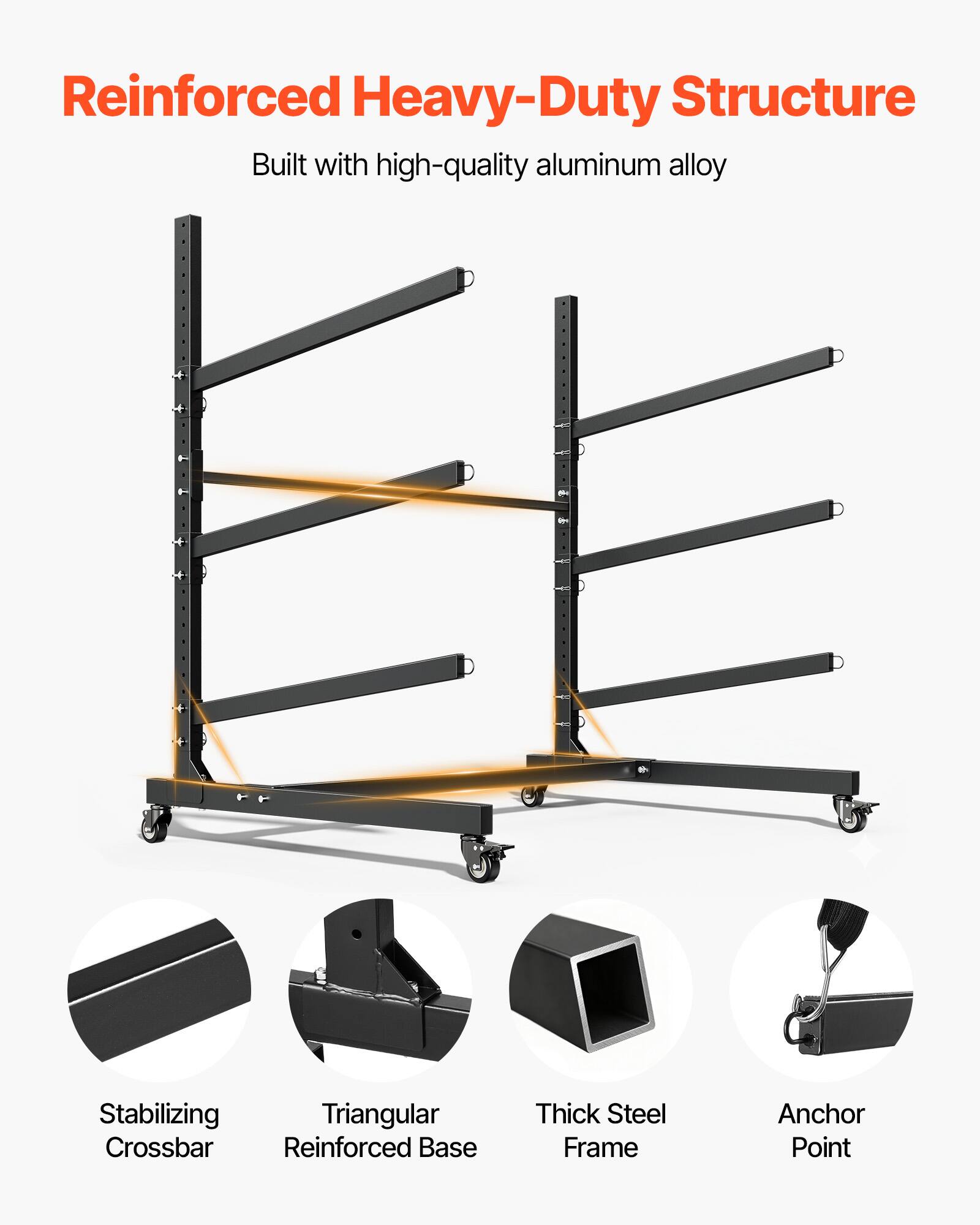 Reinforced Heavy-Duty Structure  
Built with high-quality aluminum alloy  

- Stabilizing Crossbar  
- Triangular Reinforced Base  
- Thick Steel Frame  
- Anchor Point