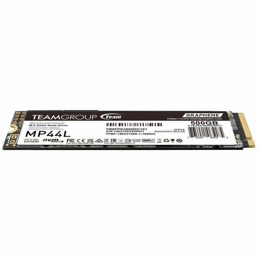 GRAPHENE  
TEAMGROUP Team  
https://www.teamgroupinc.com  
500GB M.2 Solid State Drive  
MP44L  
S/N: 19021903500001  
TPBF-190221000-1-190923  
FC CE  
CAN ICES-005/MB-001  
RoHS  
EAL